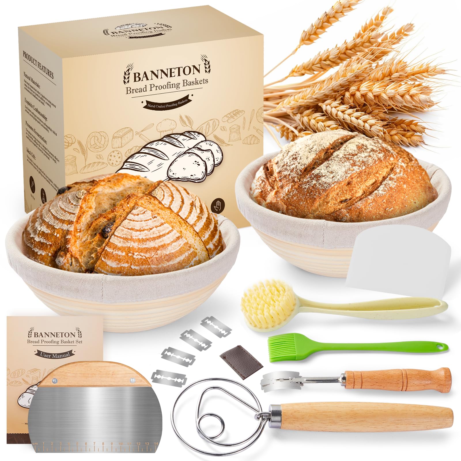 Banneton à Pain En Rotin Traxenta - Ø 22 Cm Pour Fermentation - Inclut Couvre-lin, Couteau à Pain, Lames, Brosse - Pain Au Levain, Boulangerie Maison
