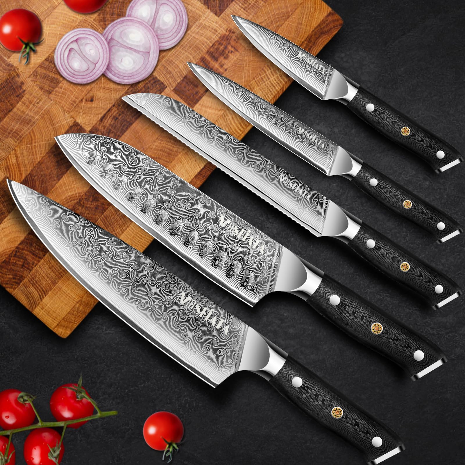 MOSFiATA Set Coltelli da Cucina Professionali, Set di Coltelli Damasco con Coltello Chef, Coltello Santoku, Coltello Pane, Coltello Multiuso e Coltello Frutta