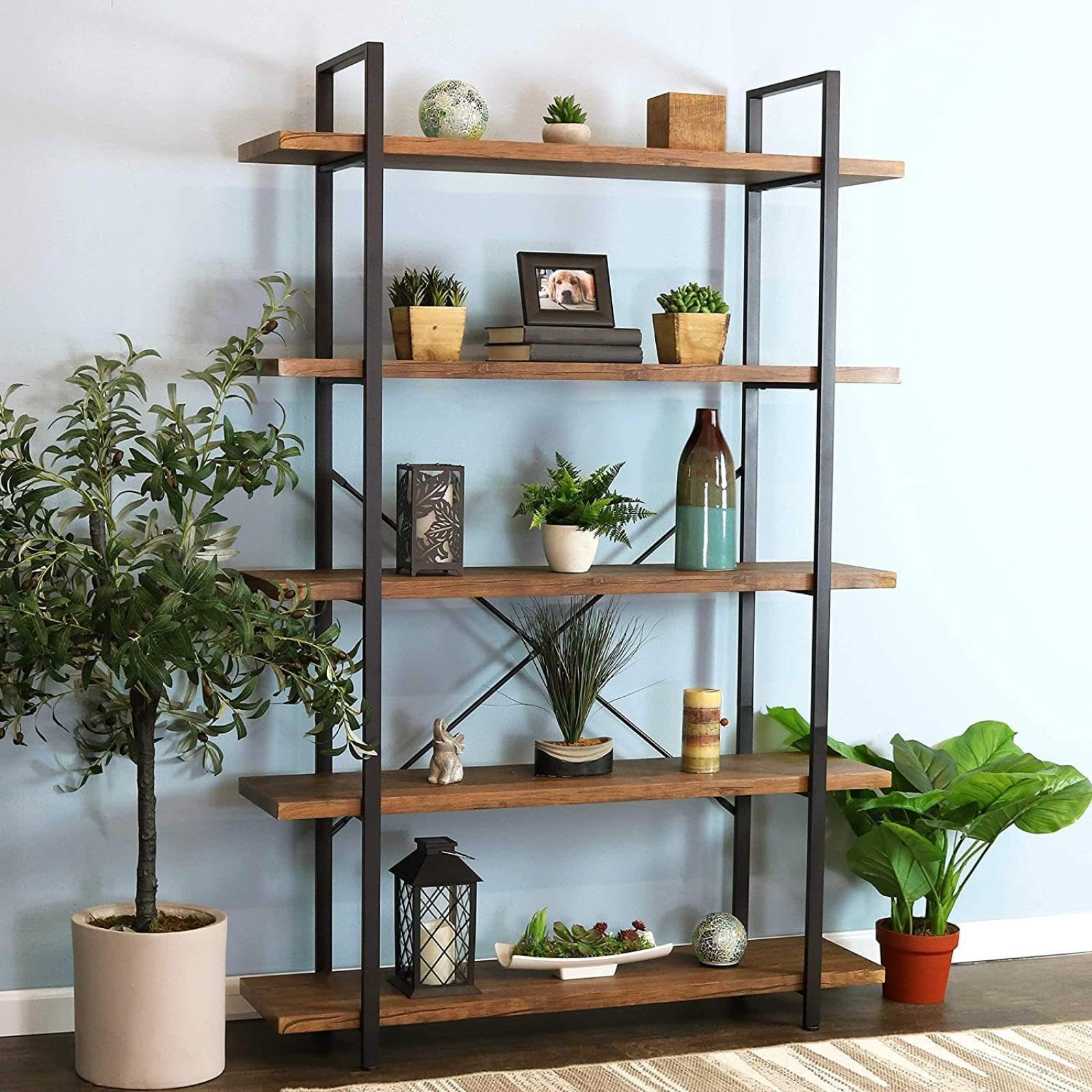 Scaffalature Alte a 5 Livelli, Scaffalature per Stoccaggio in Legno E Metallo, Scaffalature Multiuso dal Pavimento al Soffitto a più Livelli, Ampio Scaffale Espositivo Aperto