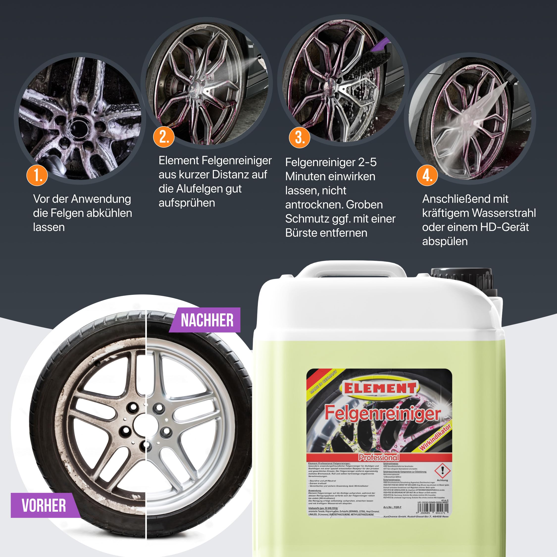 Element Felgenreiniger zur Felgenpflege | 10 Liter | Professioneller Felgenreiniger | effiziente & säurefreie Reinigung für Leichtmetall & Stahlfelgen | Wirkindikator | pH-neutral und säurefrei |