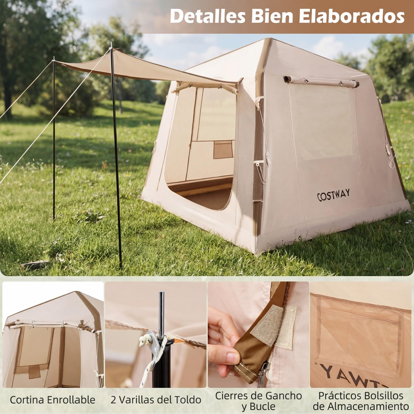 COSTWAY Tienda de Campaña Inflable para 2-4 Personas, Tienda de Campaña con Ventanas de Malla y Puerta, Bolsa de Transporte, 210 x 210 x 180 cm, Oxford Impermeable, Montaje Fácil con Bomba