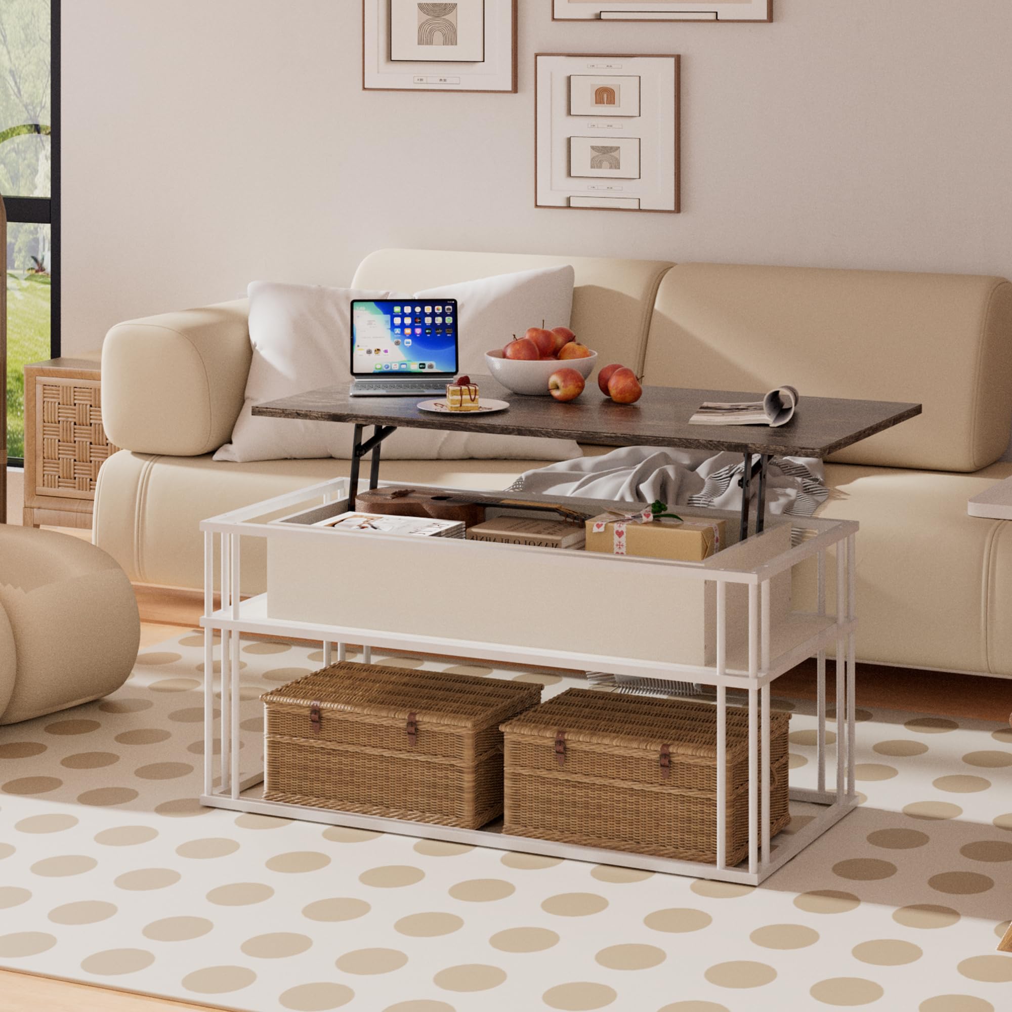 Tavolino da Salotto con Piano Sollevabile – Tavolino da Caffè Moderni, Struttura Metallica Stabile & Contenitore Nascosto, Tavolino Centrale per Soggiorno, Piccoli Spazi, Home Office