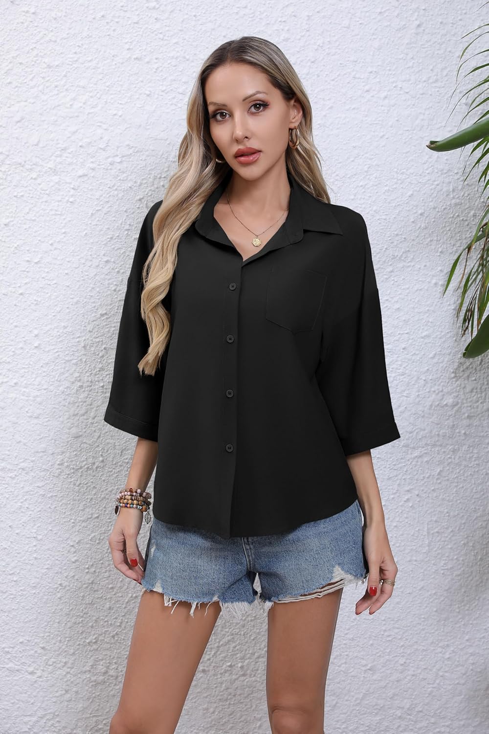 HIYIYEZI Women's Button Down Shirt Casual 3/4 Sleeve Dress Shirts Collared Work Blouse with Pocket - Image 6