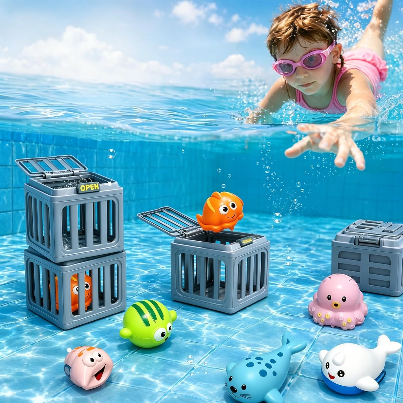 CelestiMingle Swimming Pool Diving Toys, Underwater Dive Rescue Game with 6 Ocean Animals & 6 Dive Cages, Search and Find Pool Toys for Kids, Summer Water Games Gift for Boys Girls Ages 6+
