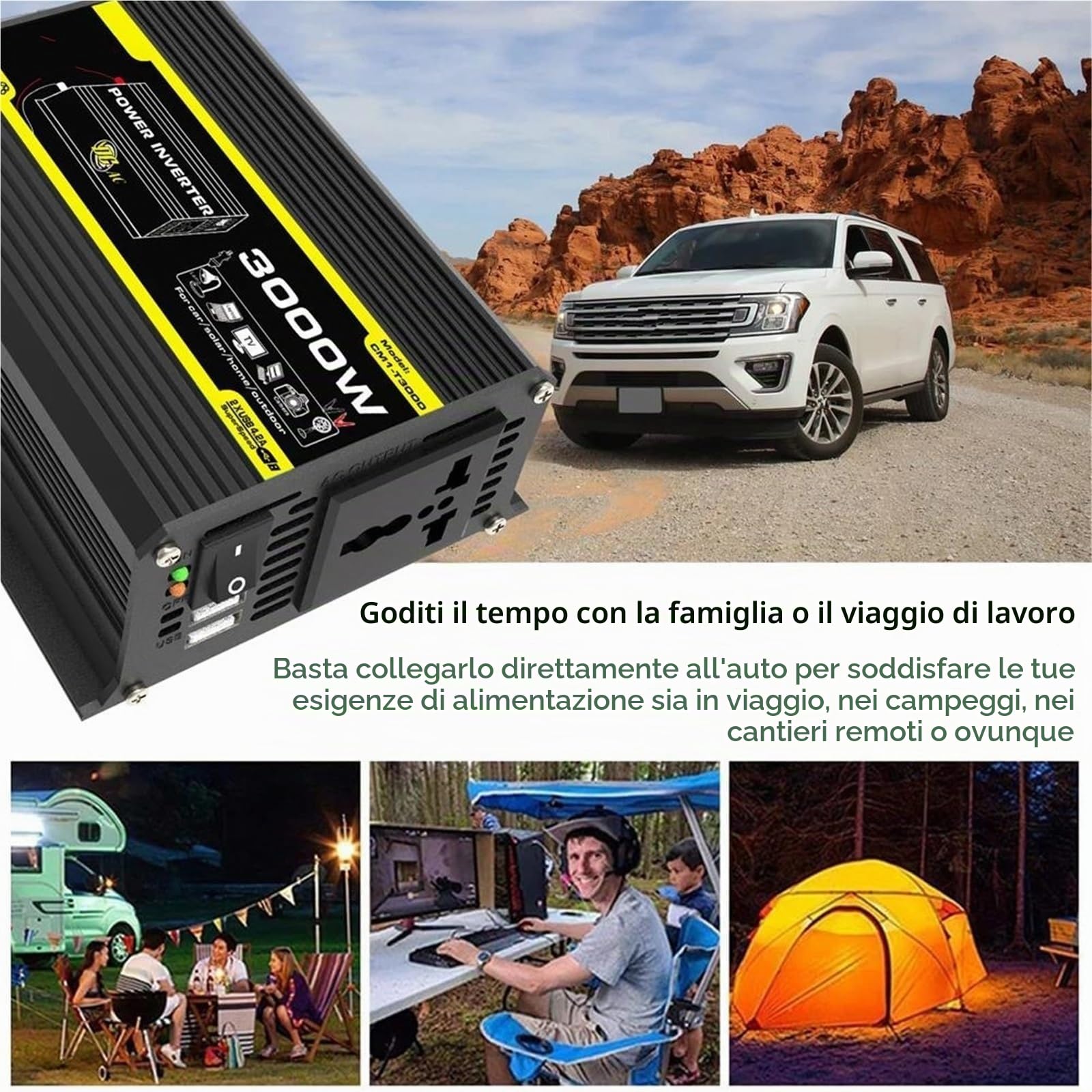 Power inverter Inverter Auto 4000W 12V A 220V/110V LED Convertitore Adattatore Caricabatterie Trasformatore Di Tensione USB Doppio Onda Sinusoidale Modificata(Yellow 3000W 12V to 220V)