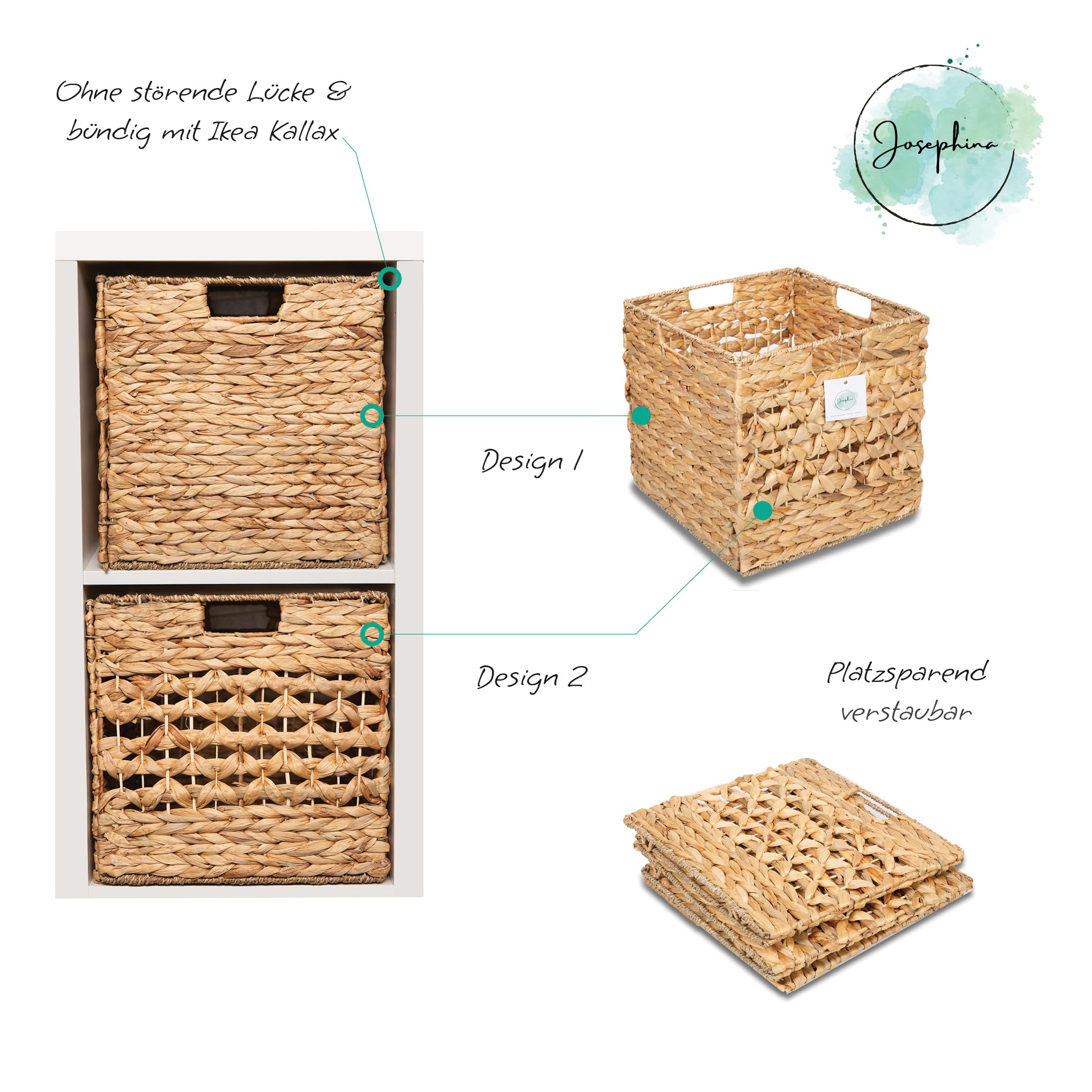JOSEPHINA CALYXX 2er Set, Box 32x32x32cm, Aufbewahrungsbox geflochten für Würfelregal, Aufbewahrungskorb für Ikea Expedit/Kallax Regal Einsatz, Deko Korb I Ordnungsboxen I 2in1 Design, 4x Griffe