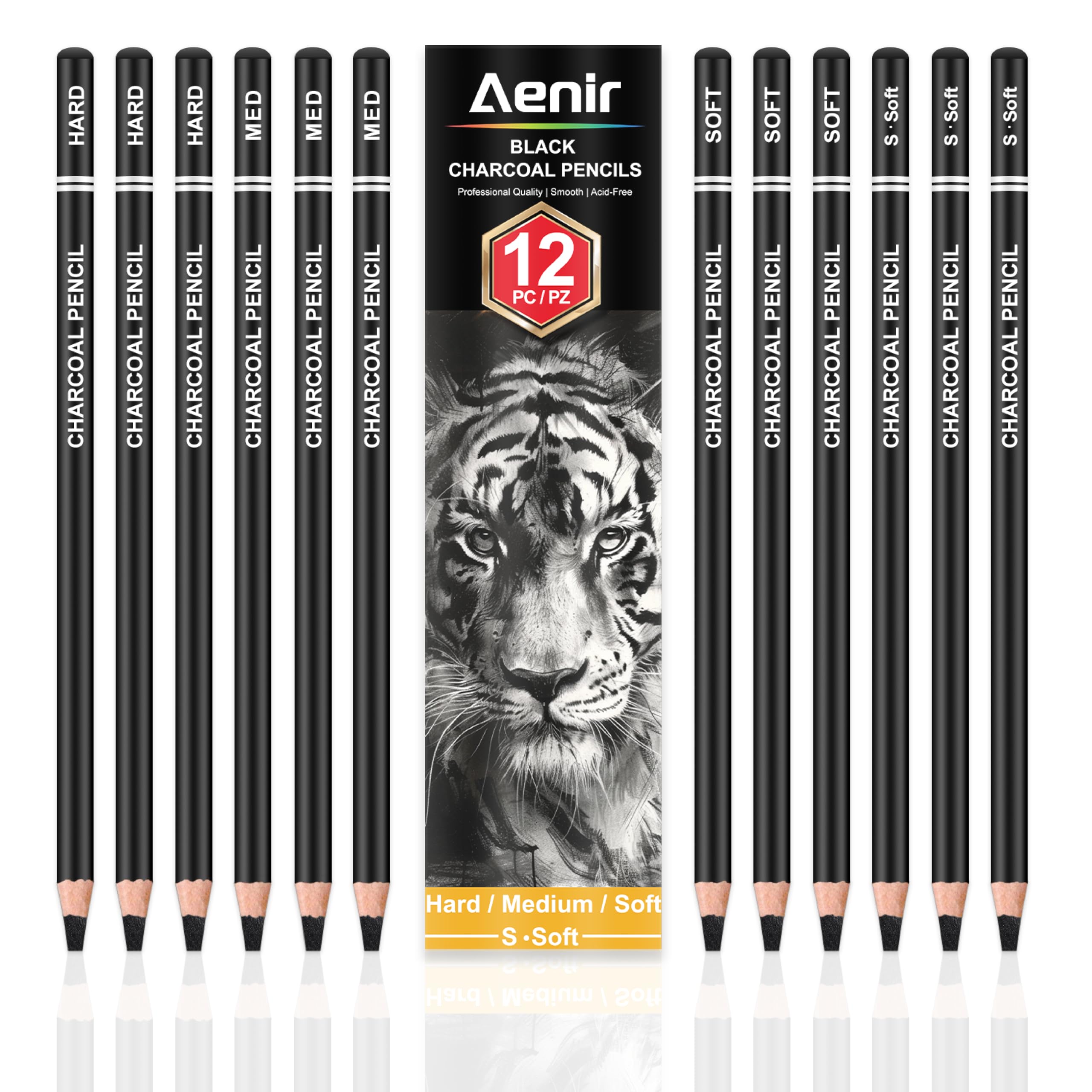 Aenir Charcoal Pencils for drawing, Set of 12, Charcoal Drawing Pencils (S-Soft, Soft, Medium, Hard), Art Supplies for Artist, Sketching, Shading