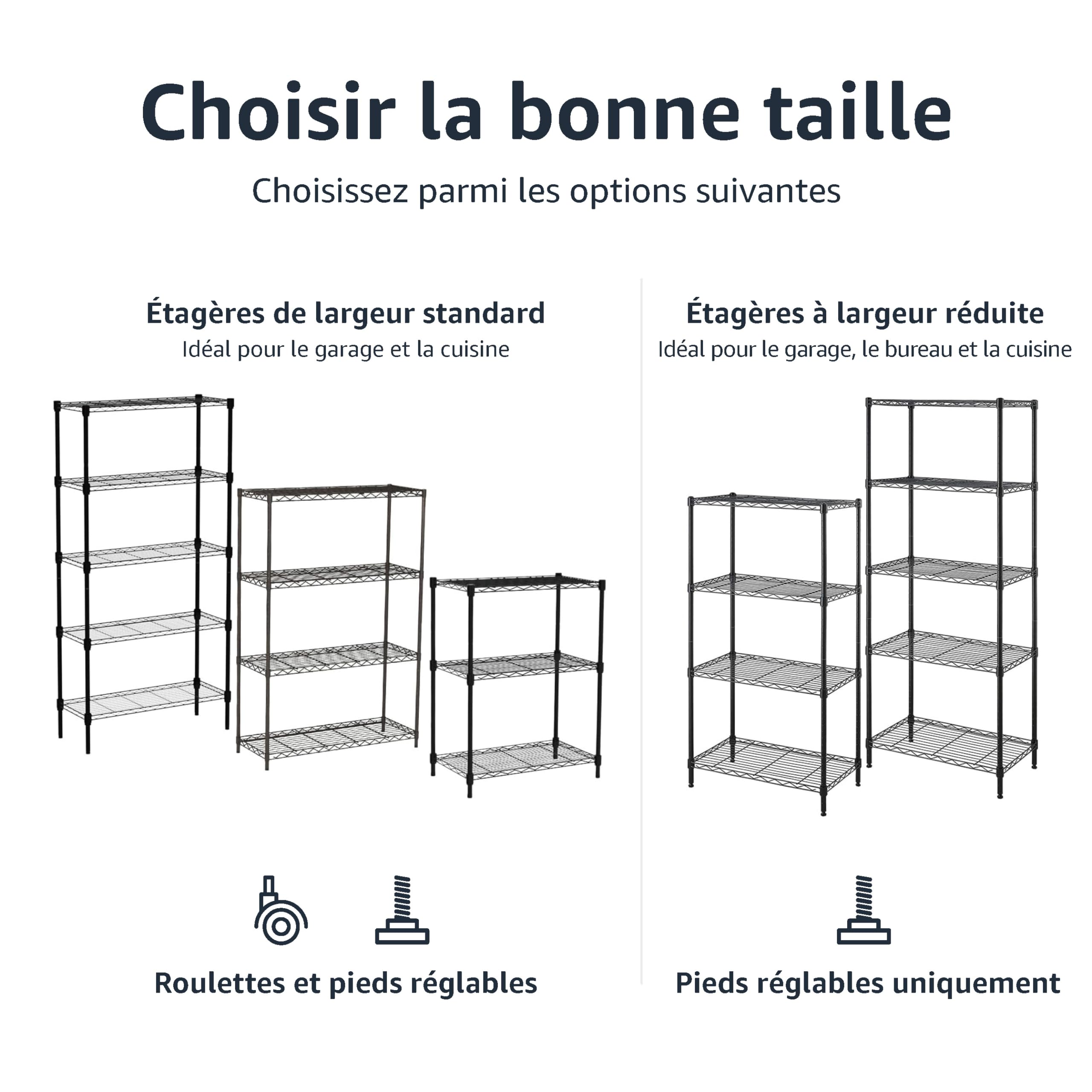 Amazon Basics Étagère de rangement réglable à 3 étagères robustes sur roulettes en plastique PP de 5,1 cm, étagère métallique de rangement en métal, 58,9 x 34 x 83,2 cm (L x l x H), noir
