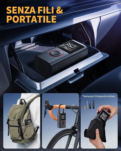 Powools Compressore Aria Portatile Auto – Mini Pompa Elettrica per Bicicletta, Gonfiatore Wireless con Manometro Digitale, Spegnimento Automatico e Luce LED, Nero, 9.00x4.80x13.70cm - 5