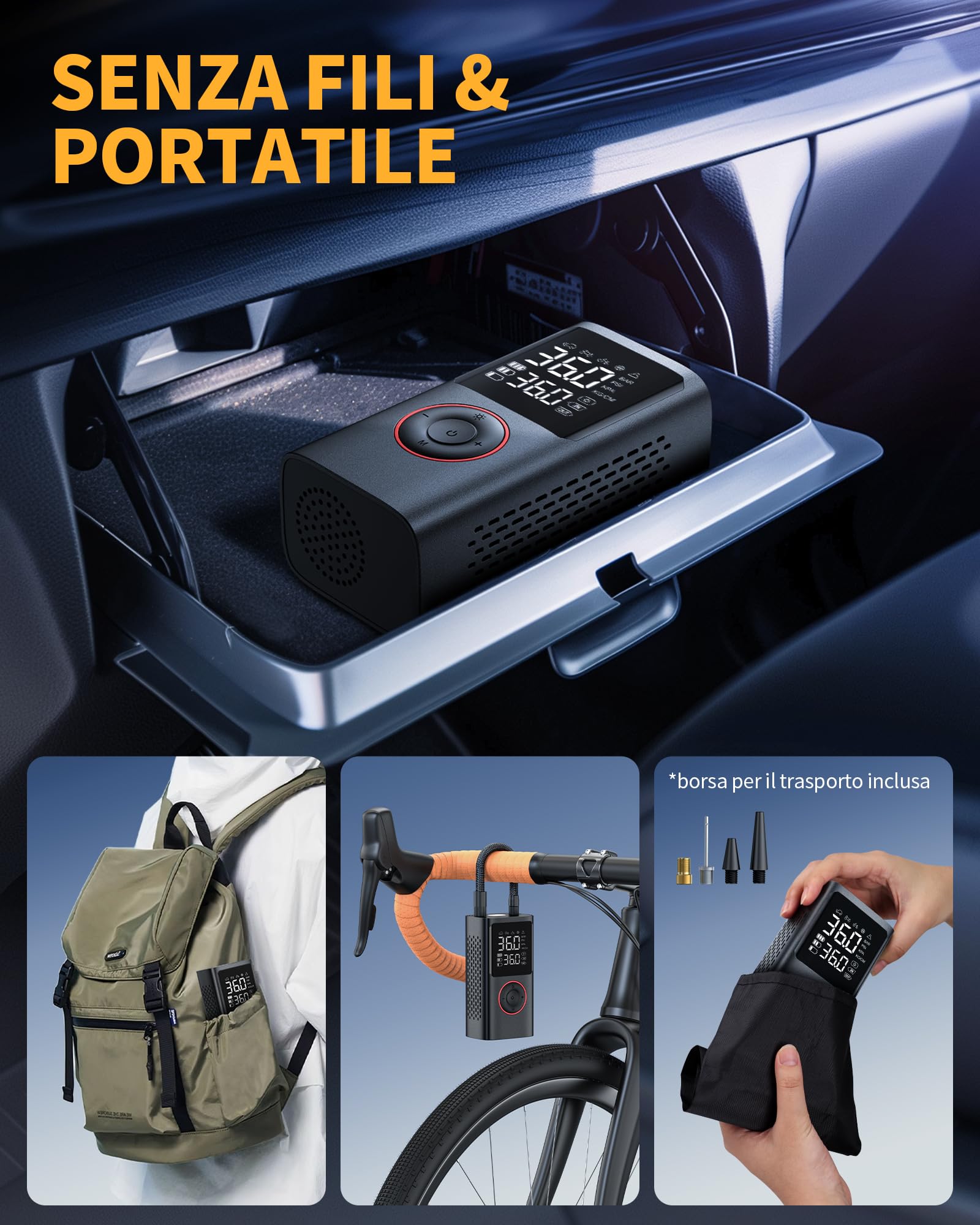Powools Compressore Aria Portatile Auto – Mini Pompa Elettrica per Bicicletta, Gonfiatore Wireless con Manometro Digitale, Spegnimento Automatico e Luce LED, Nero, 9.00x4.80x13.70cm