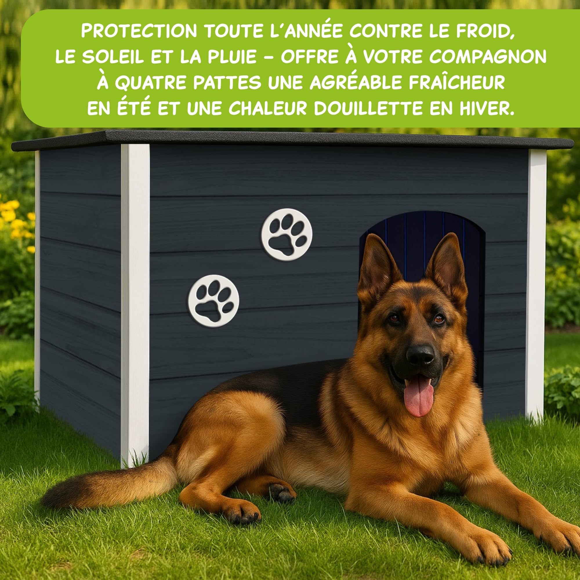 Outentin Niche pour Chien en Bois Isolée XL – Grande Maison Chien Extérieur Hiver – Refuge pour Chiens Jardin avec Toit Ouvrant – Niche Extérieure pour Grand Chiens en Bois FSC – 105 x 71 x 64 cm,Gris