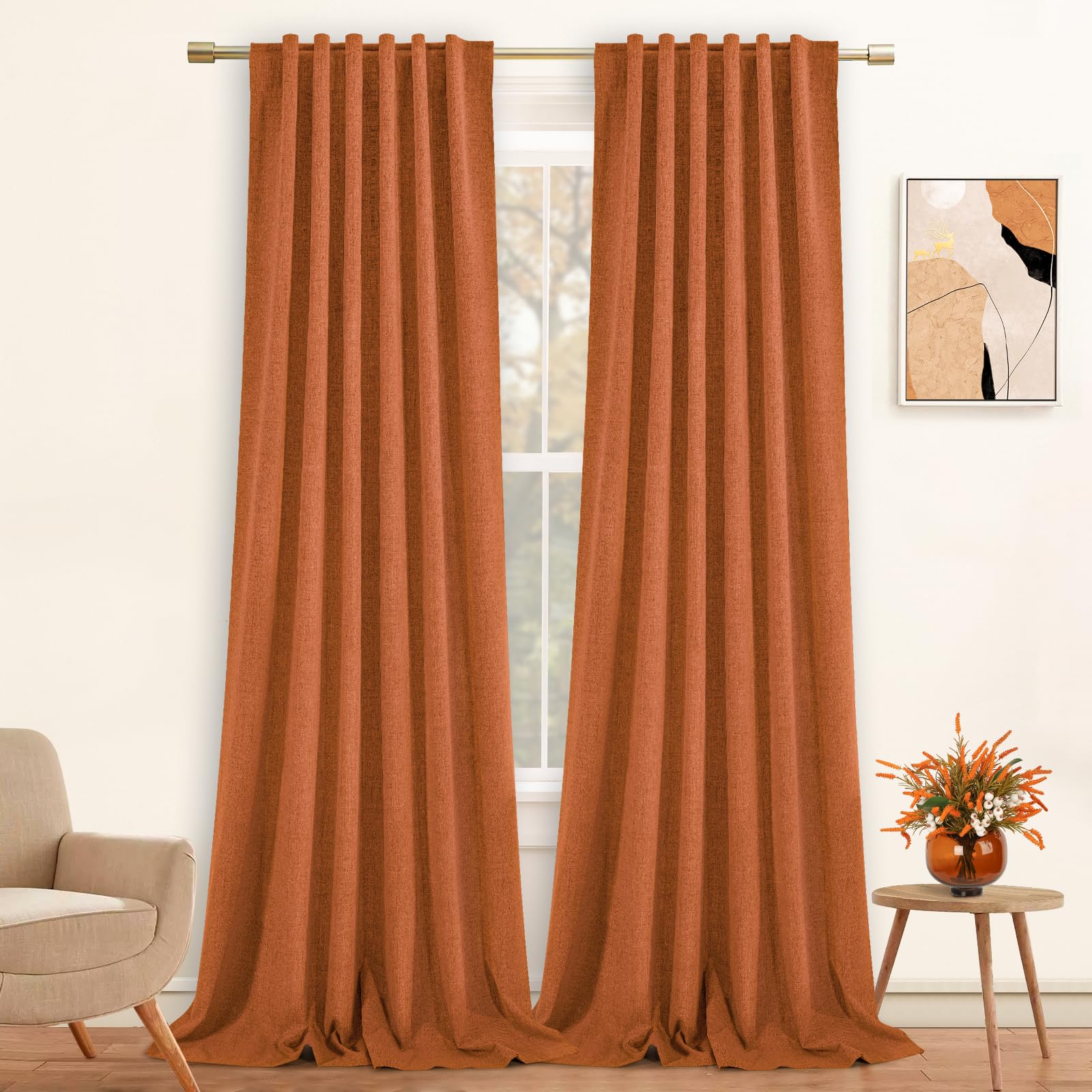 PANGSINNE Terracotta Linen 100% Blackout Curtains 108 Inch Length 2 Panels Set Fall Decor for Bedroom Thermal Insulated Energy Efficient Curtains
