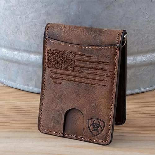 Miniatura 5 de ARIAT Billetera para hombres, cuero genuino marrón, estilo clip para dinero, bandera de EE. UU. desgastada, logotipo de escudo, ranuras