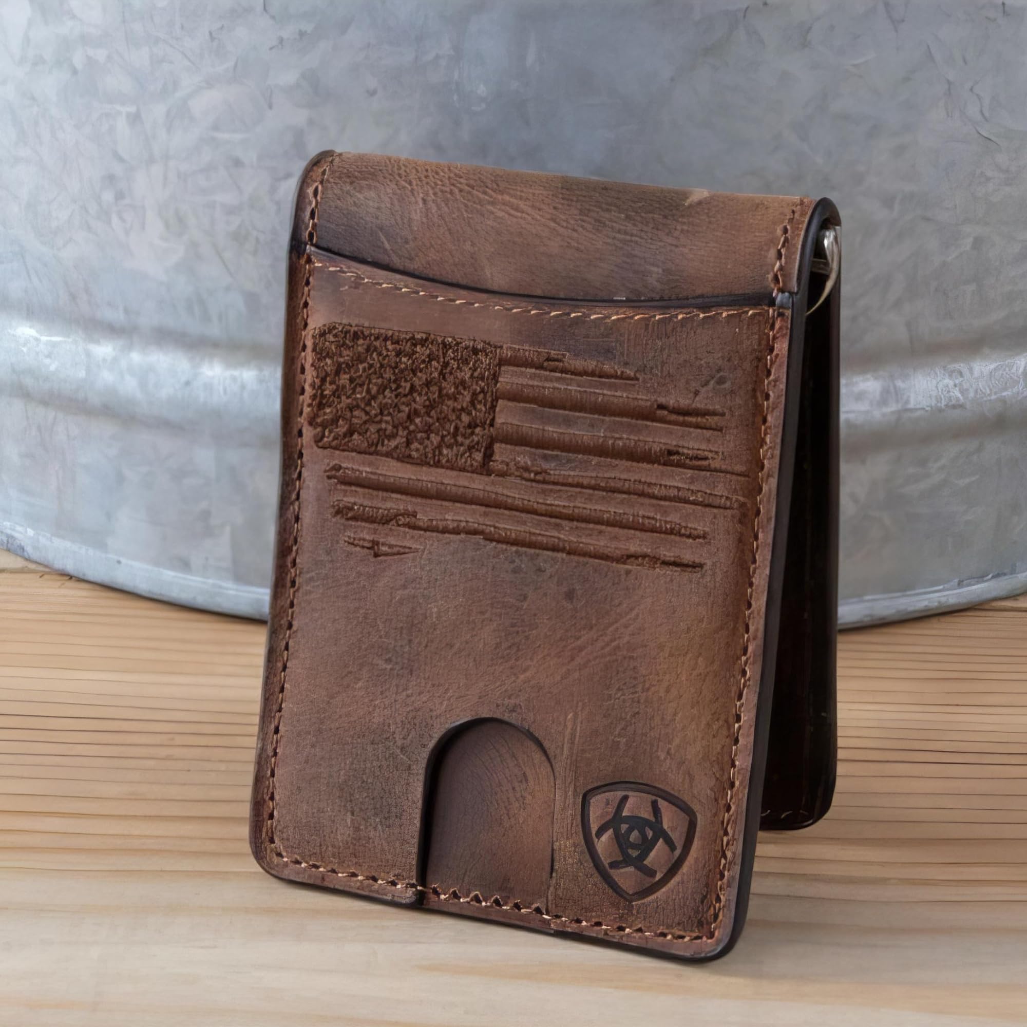 ARIAT Men's Wallet, Brown Genuine Leather, Money Clip Style, Distressed USA Flag, Shield Logo, Card Slots, ID Window