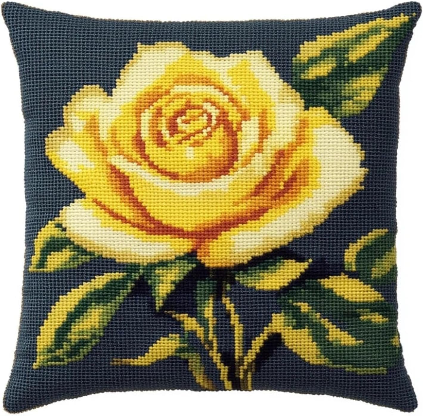 Nahuigood 11Ct Stamped Cross Stitch Kit,Yellow Roses 45X45cm Diy Embroidery Cushion,Tapestry Pillow Kit For Living Room Sewing Supplies Adults Beginners Gift