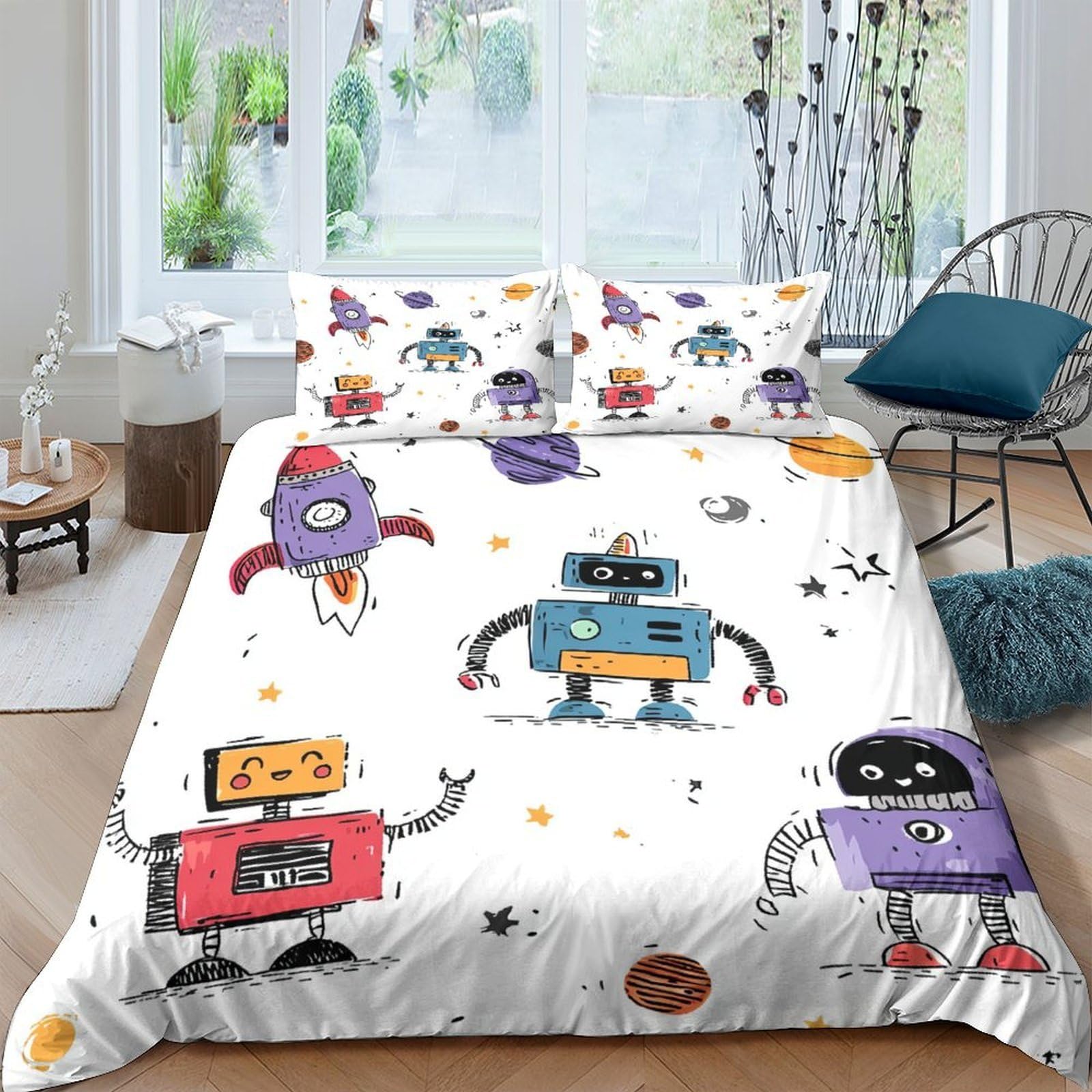 Ctjqhvkz Style-4 3D Printed Robot Space Fitted Sheet Microfiber Soft Breathable Cartoon Rocket Bed Cover For Bedroom Dorm Decor Single（135X200cm）