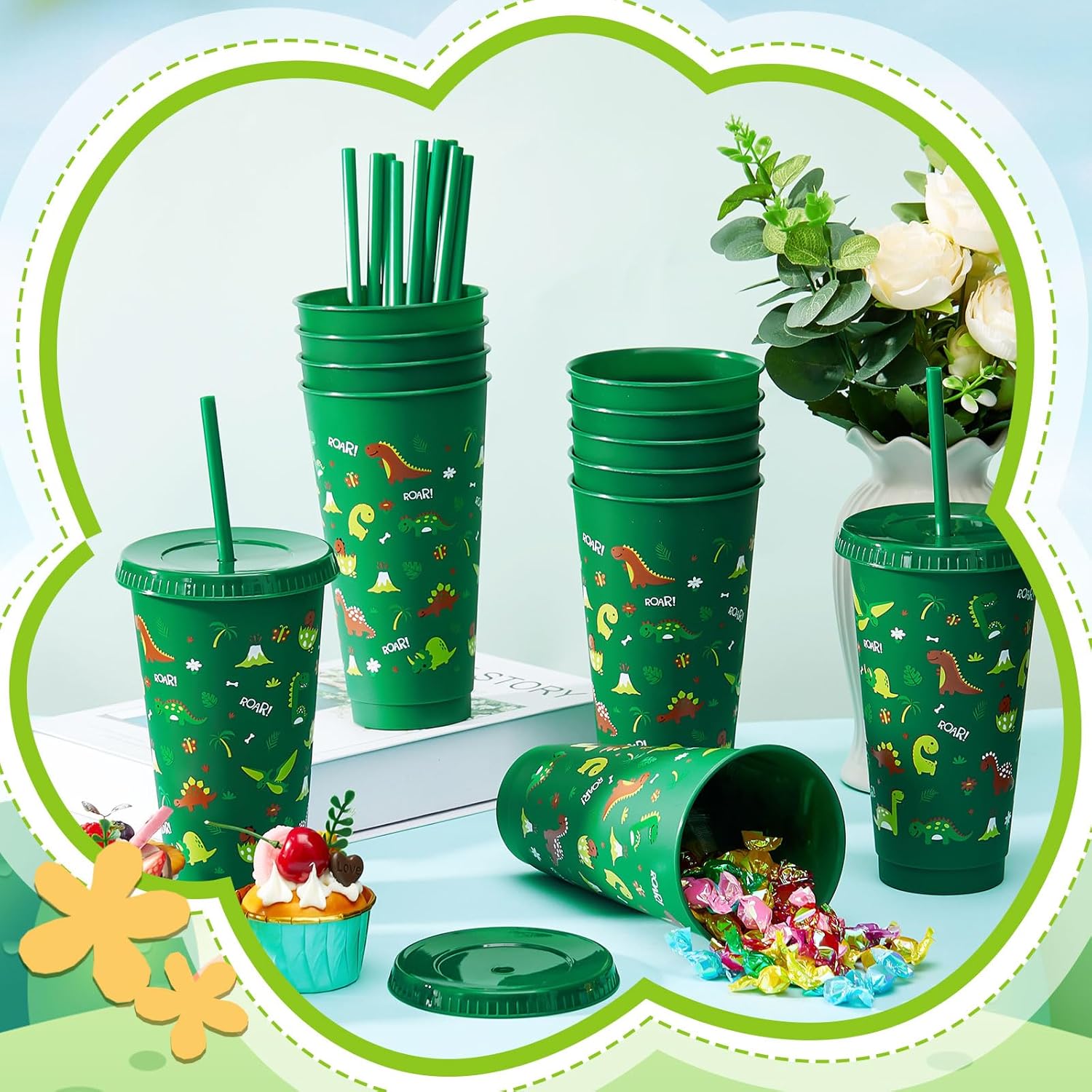 Uiifan 12 Pcs Plastic Dinosaur Cups for Kids 24oz Reusable Dino Tumbler with Lid and Straw Dino Party Favors Drinking Cups for Kids Boy Baby Shower Birthday Supplies Dinosaur Gifts