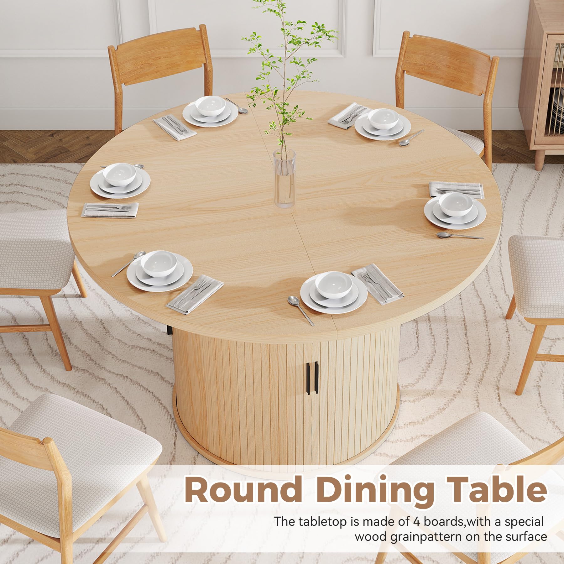 Hawthyhome Runder Esstisch 120cm mit Stauraum, Moderner Küchentisch mit Schiebetür & Lamellen-Optik, Esszimmertisch 4-teilige Holz Tischplatte, Rundtisch für Wohnzimmer, Küche, 2-6 Personen[Holzfarb]