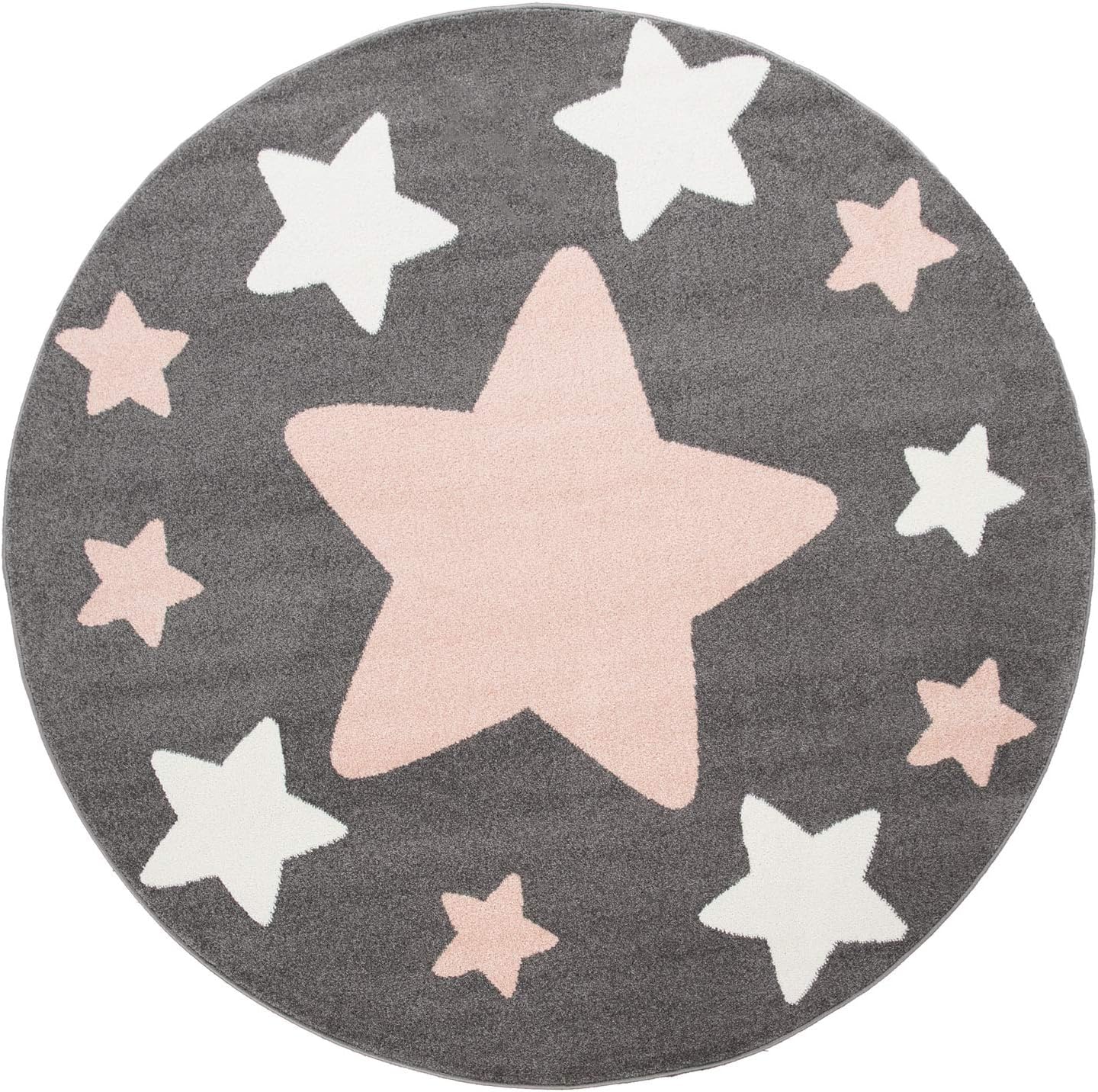 Paco Home Rug for Kids Room & Nursery Starry Sky Star Pattern Playroom in Dark Gray Pink White, Size: 4' Round