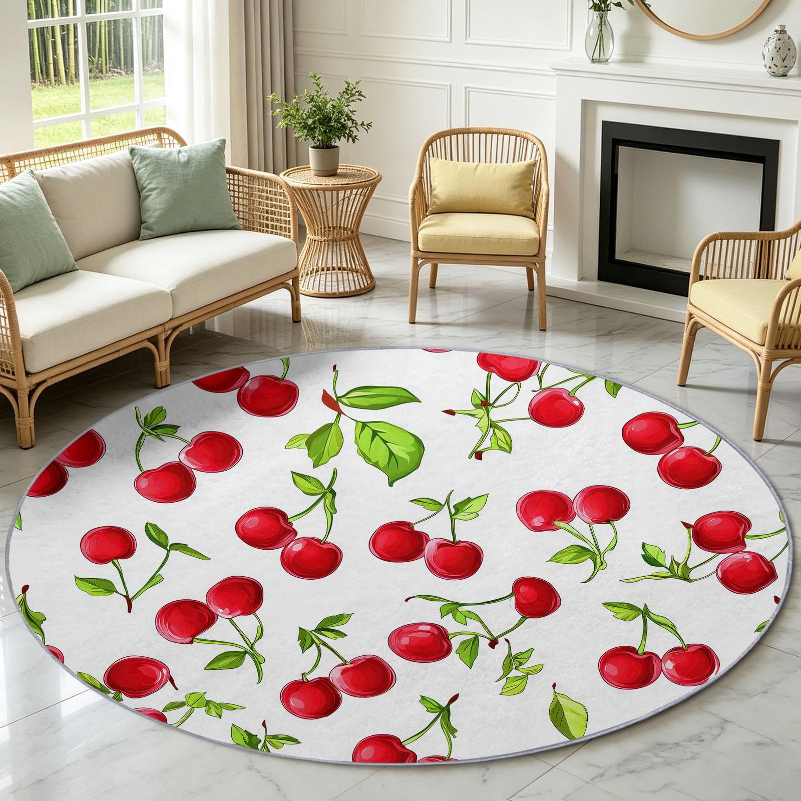 Tappeto rotondo per soggiorno, 60 cm, lavabile, motivo con ciliegie, antiscivolo, antiscivolo, a pelo basso, per camera dei bambini, cucina, ufficio, sala da pranzo (bianco)