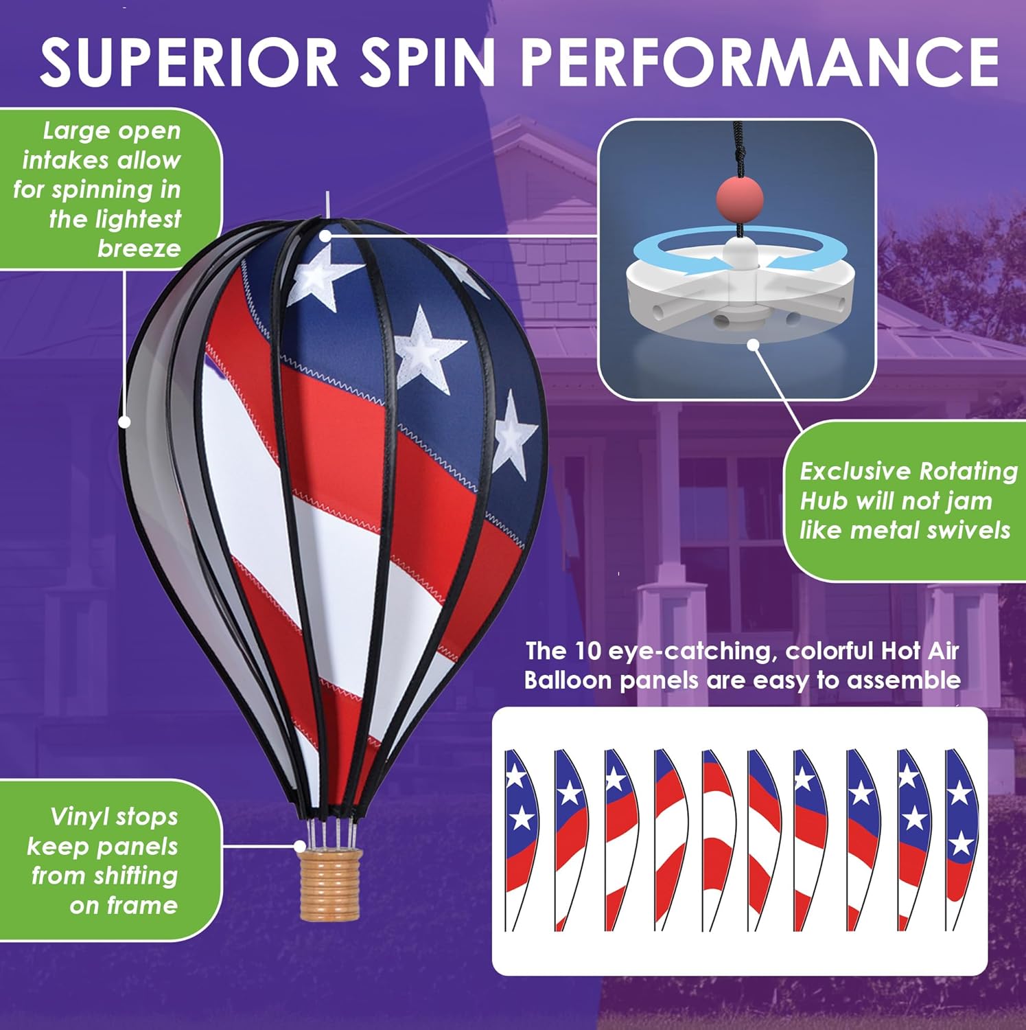Hot Air Balloon Hanging Garden Spinner 18" - Vibrant Patriotic Design, Weather-Resistant Outdoor Decor, Durable & Lightweight for Patios, Yards, and Gardens - Eye-Catching Wind Spinner