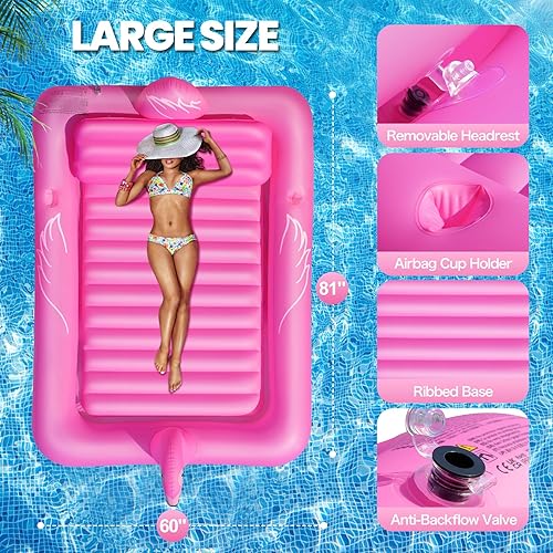 Miniatura 5 de Piscina de bronceado inflable de flamenco de lujo para 2 personas, 81 x 60 pulgadas, flotador para tumbona para tomar el sol, piscina de bronceado