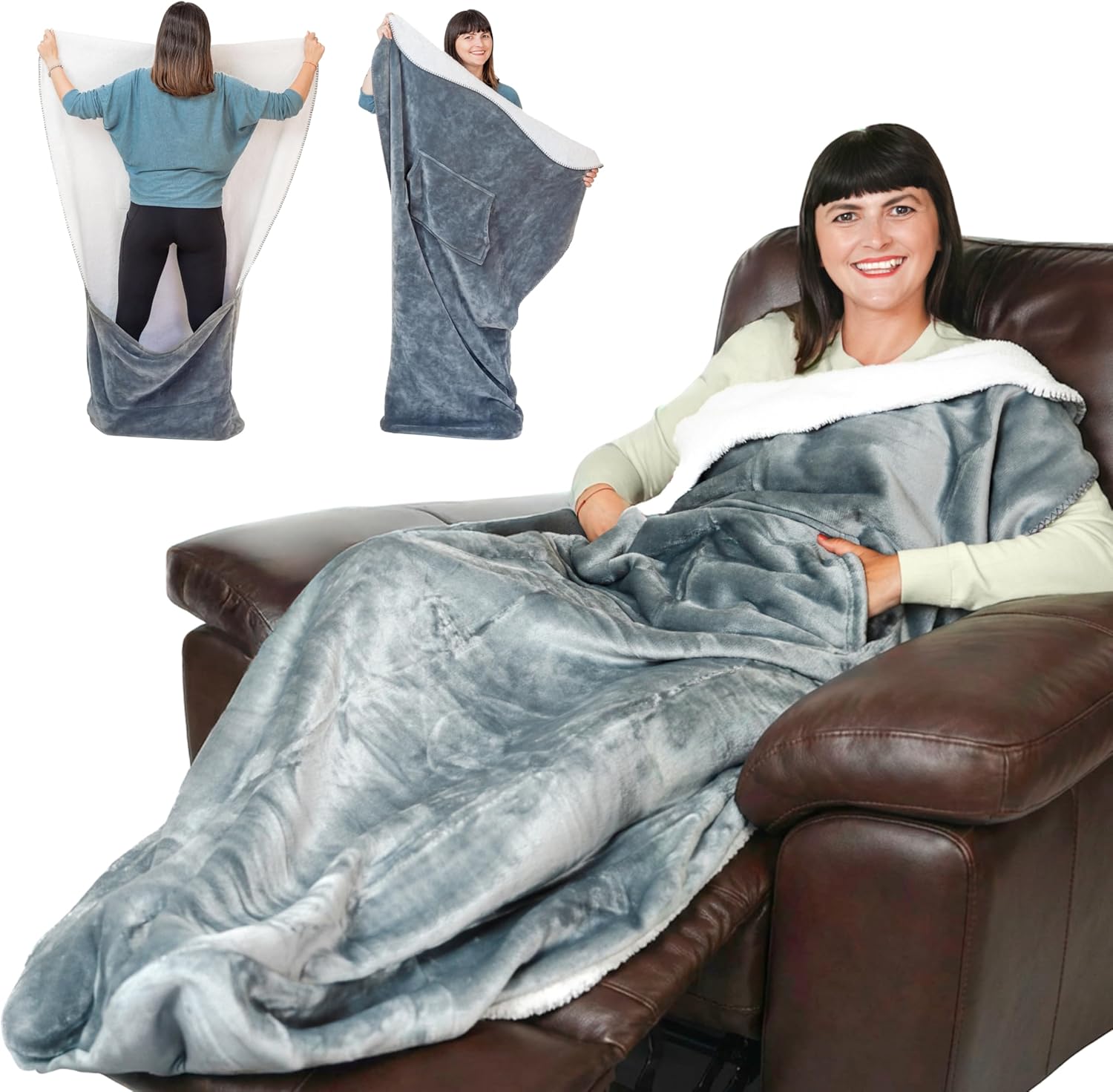 EzrAllora Premium Double Layer Foot Pocket Blanket -Patent Pending- Gamer Gift for Men Who Have Everything - Father's Day Useful Gifts for Dad Who Wants Nothing (Double Layer, Silver Grey)