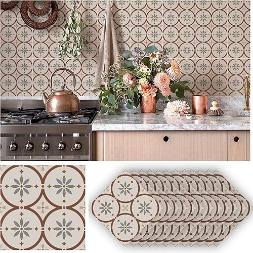 Miniatura 6 de Alwayspon 24 calcomanías de azulejos de pared retro florales mate para despegar y pegar, calcomanías de vinilo autoadhesivas para azulejos de cocina