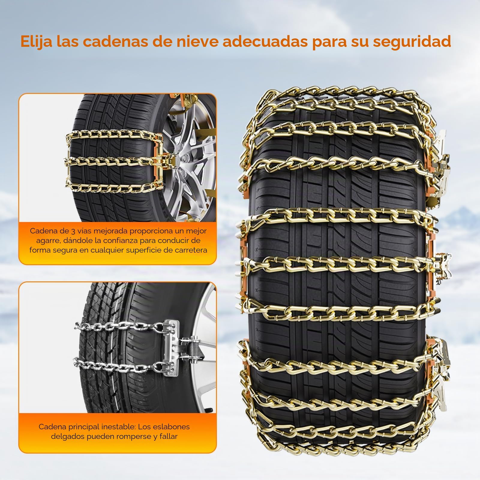 Paquete de 6 cadenas de nieve para automóviles y furgonetas, cadenas de hierro de 3 eslabones para neumáticos de 195 a 265 mm, cadenas de nieve antideslizantes resistentes para nieve y barro de