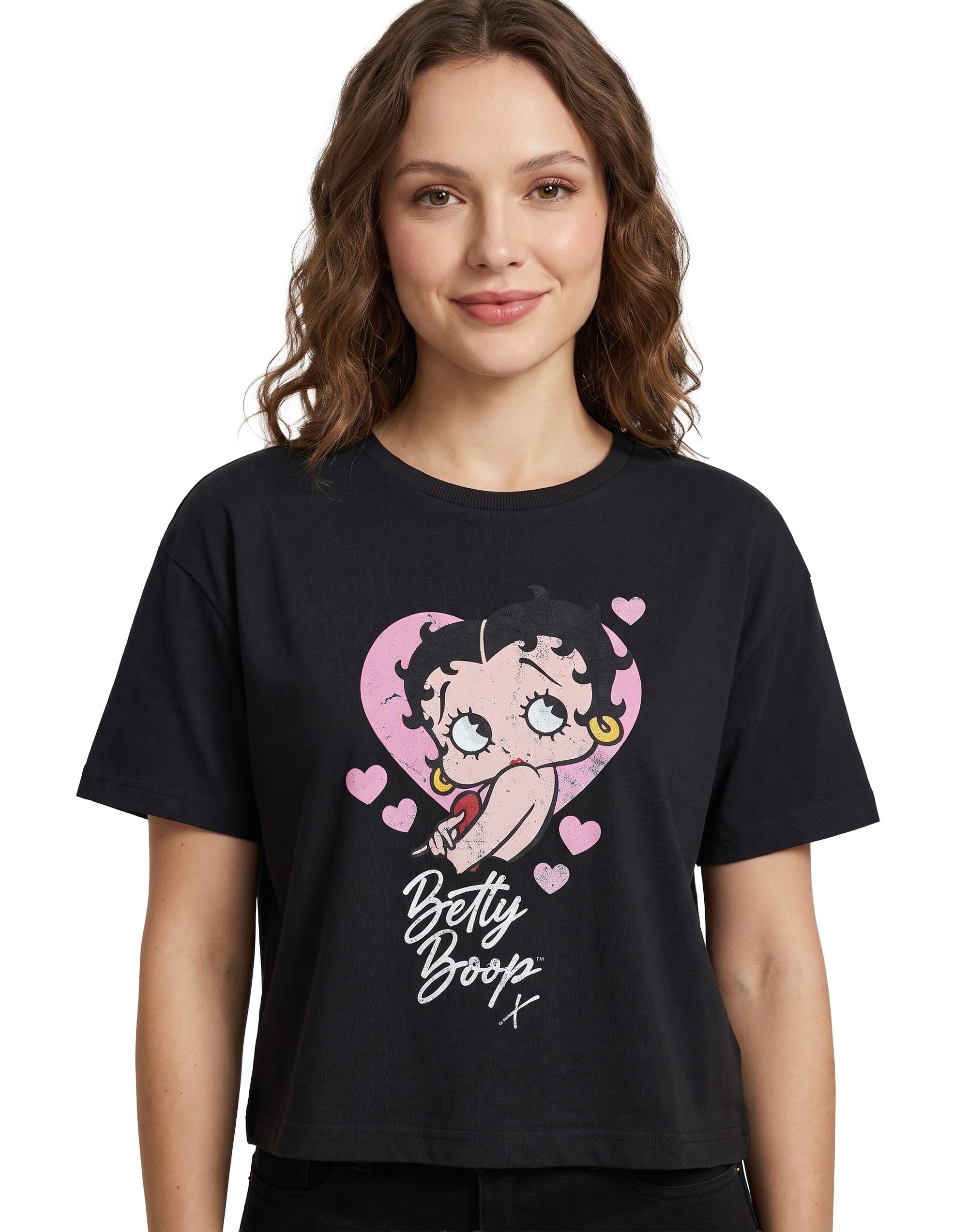 Vanilla Underground Women's Black Betty Boop Cropped Short Sleeve T-Shirt | Heart Graphic Tee | Cartoon Character Crew Neck Top | Retro Casual Wear Apparel For