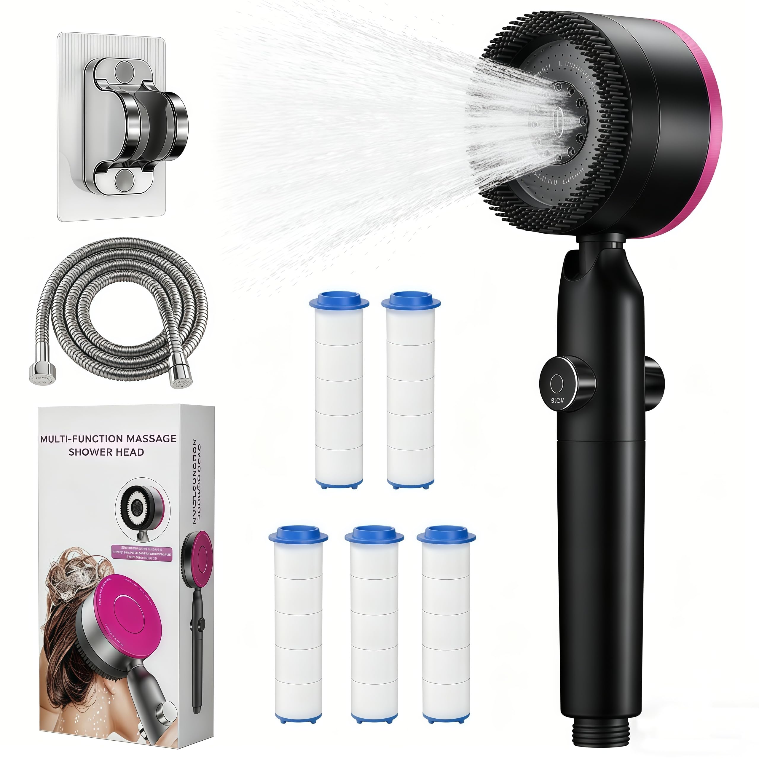 High Pressure Shower Head with 4 Spray Modes,Hard Water Filter Shower Heads with 1.5M Hose,Stand,Filter*5,Handheld Massage Shower Head with Pause Switch,Shower Filter for Chlorine Remove,Black