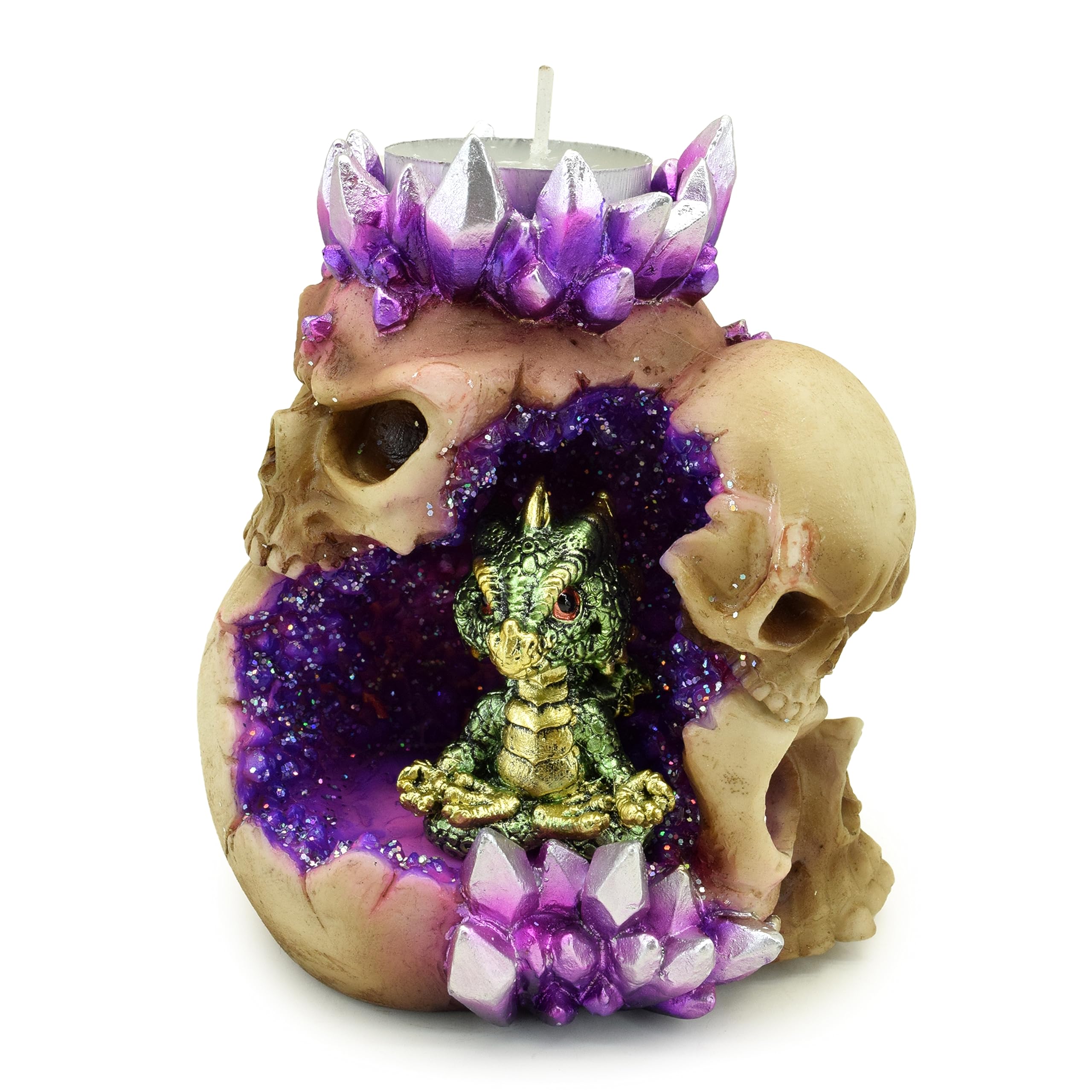 Baby Dragon Crystal Skull Cave Tea Light Candle Holder Amethyst Geode Gothic