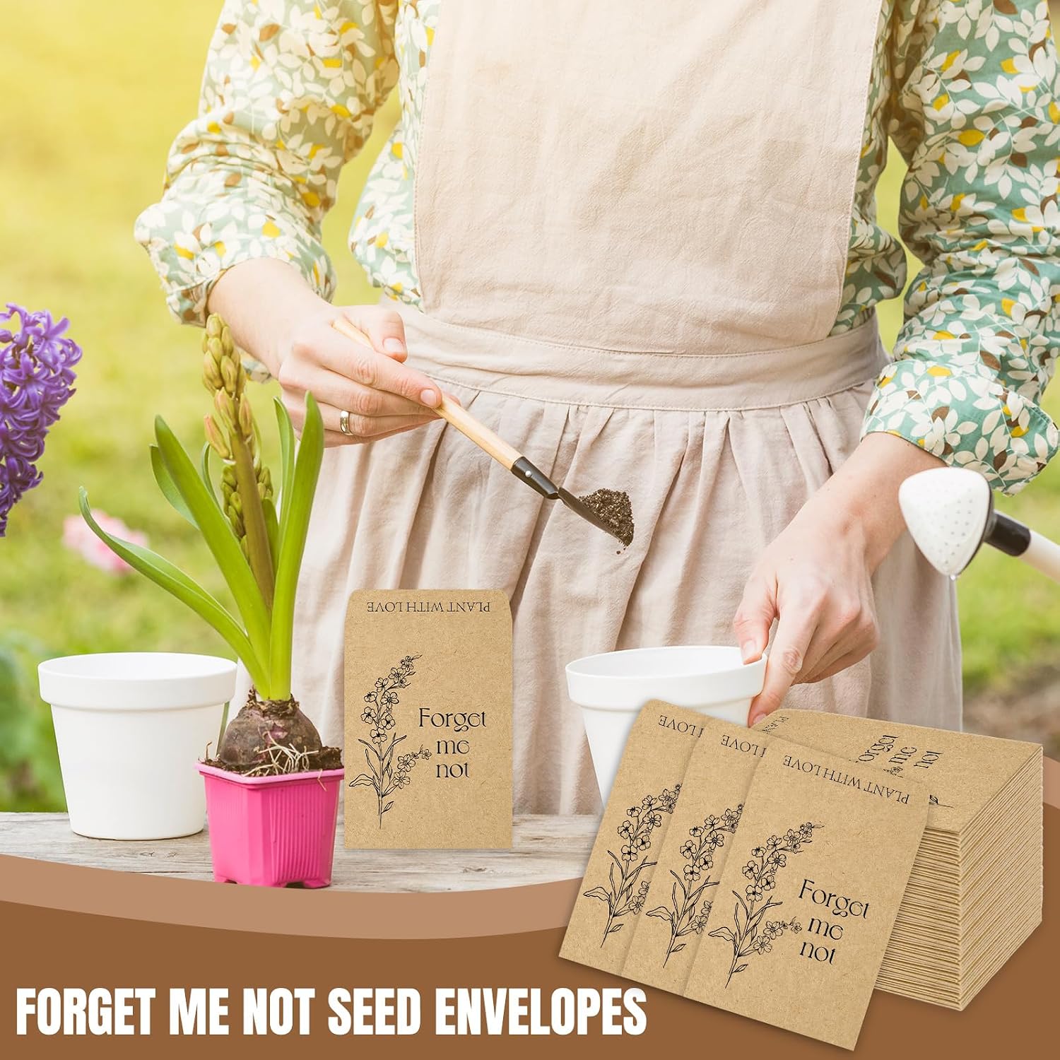JarThenaAMCS 50Pcs Forget Me Not Seed Packets Self Adhesive Kraft Envelopes Retro Floral Seed Storage Pockets for Garden Birthday Wedding Party Favors (No Seeds)