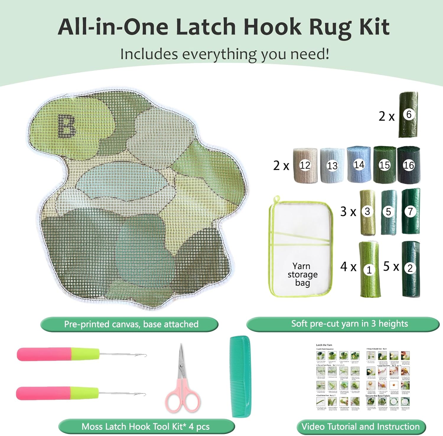 msamiagfn 3D Moss Latch Hook Kits for Adults – DIY Rug Making Kit with Pre-Cut Yarn in 3 Lengths – Crafts for Adults, Latch Hook Rug Kit(Pattern B,19 * 19inch)
