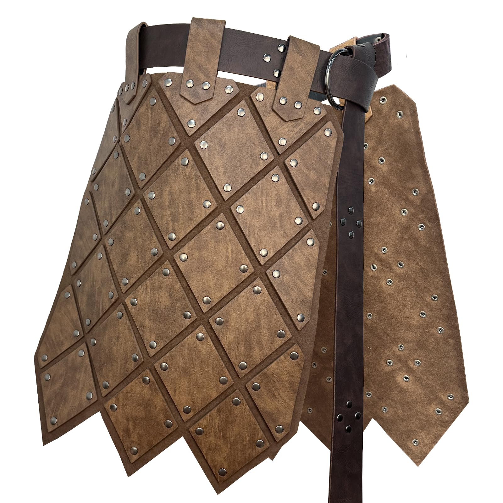 HiiFeuer Medieval Faux Leather Thigh Armor, Retro Double Sides Waist Armor with Belt, Mercenary&Knights Skirt Armor (Brown C)