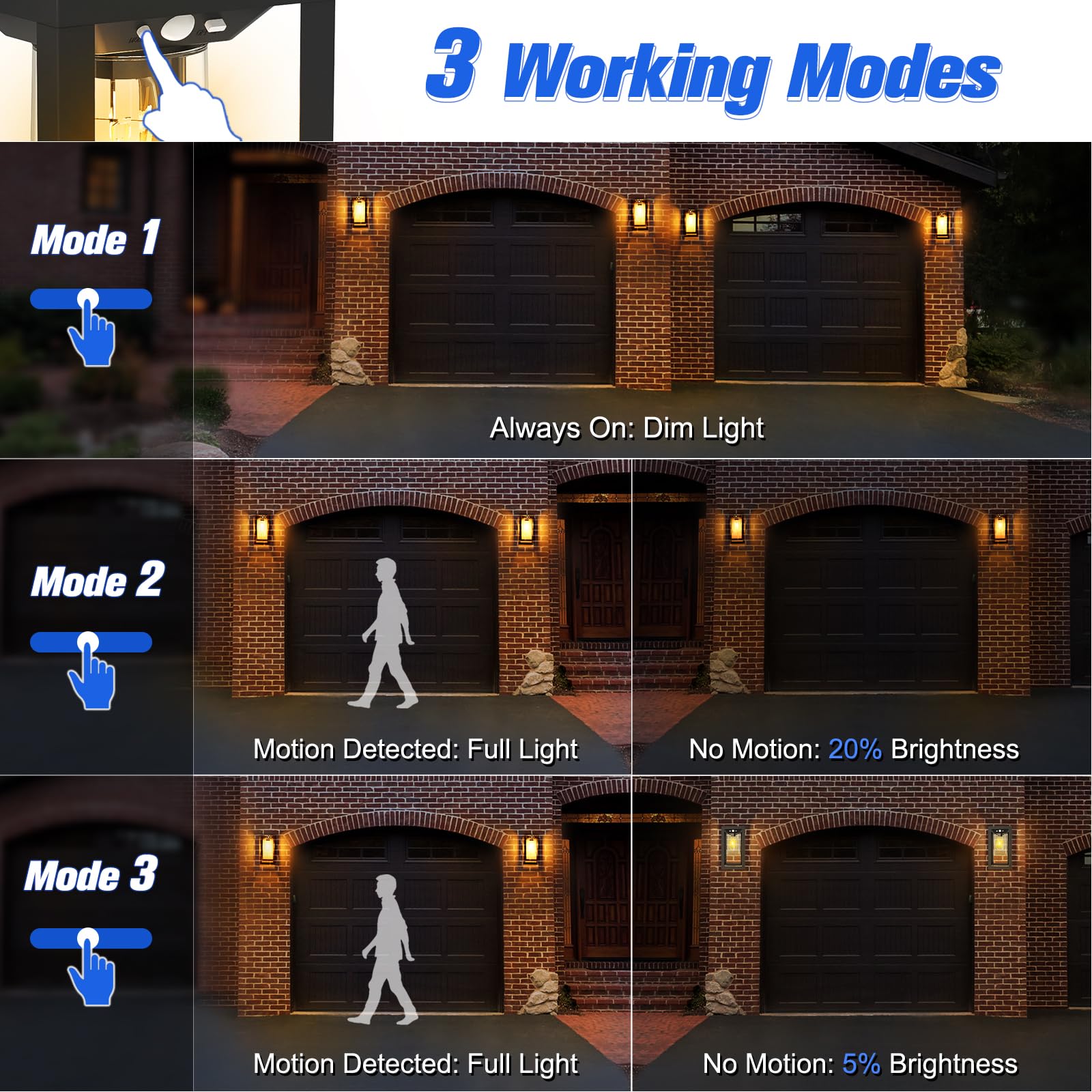 APONUO Solar Outdoor Wall Lights with 3 Lighting Modes, Solar Porch Lights Motion Sensor Waterproof Wall Lanterns, Wireless Dusk to Dawn Solar Sconce Lights for Porch, Garage, Patio, Yard (2 Packs)