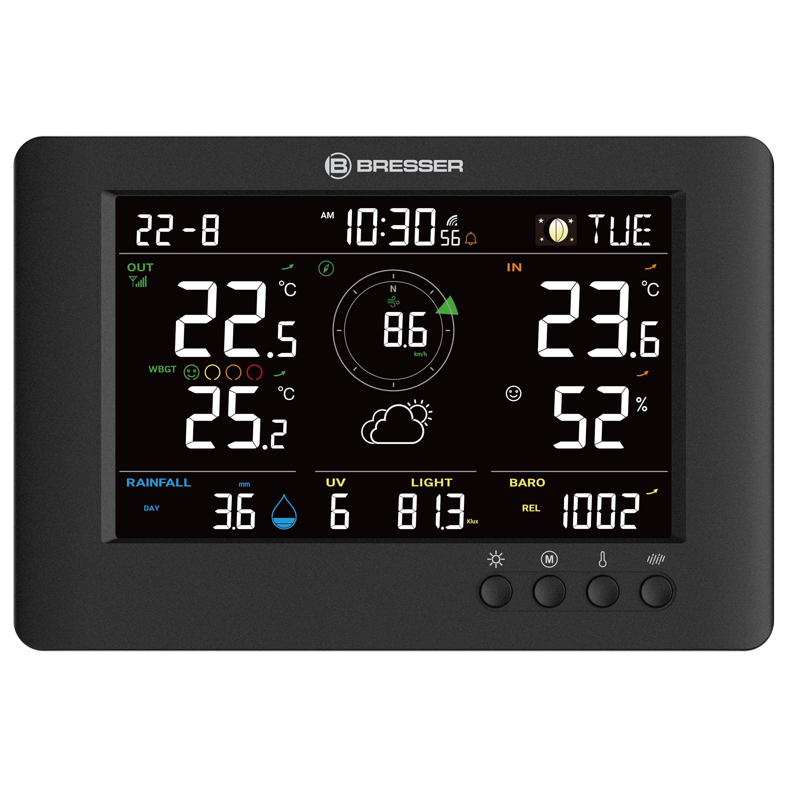 Bresser 8-in-1 ClearViewTB Wetterstation mit Hitzestress-Index, Sensirion-Sensor, 8-in-1-Multisensor, Wetterwarnungen, Max-/Min-Wertespeicher | Innentemperatur und Außentemperatur, Luftfeuchtigkeit, Regenmesser, Windmesser, Wettervorhersage, WBGT, Hitzein