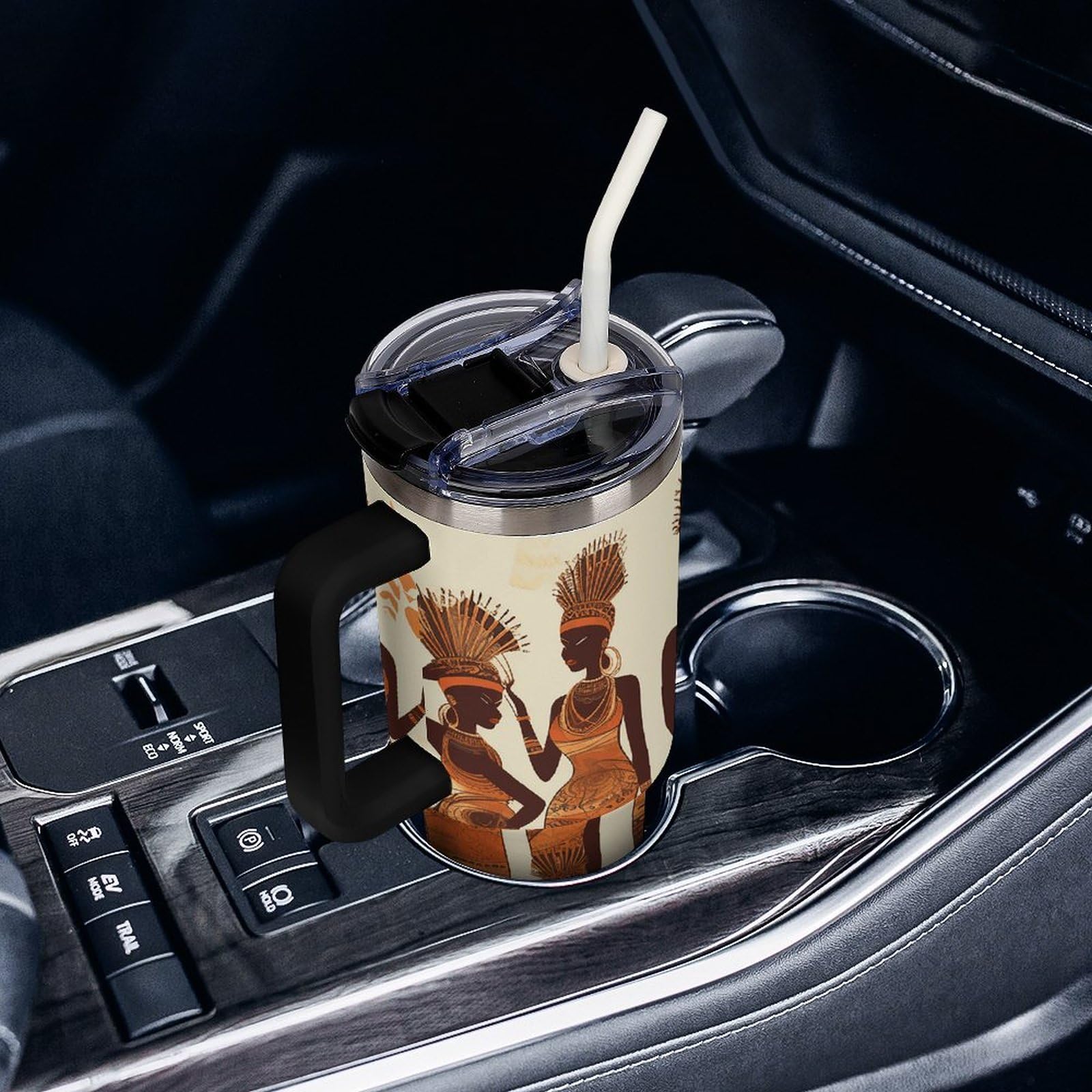 Autobecher aus 304 Edelstahl, 1,2 l, afrikanische Stammesfrau mit Strohhalm und auslaufsicherem Deckel, großes Fassungsvermögen, vakuumisolierter Reisebecher für Auto-Becherhalter