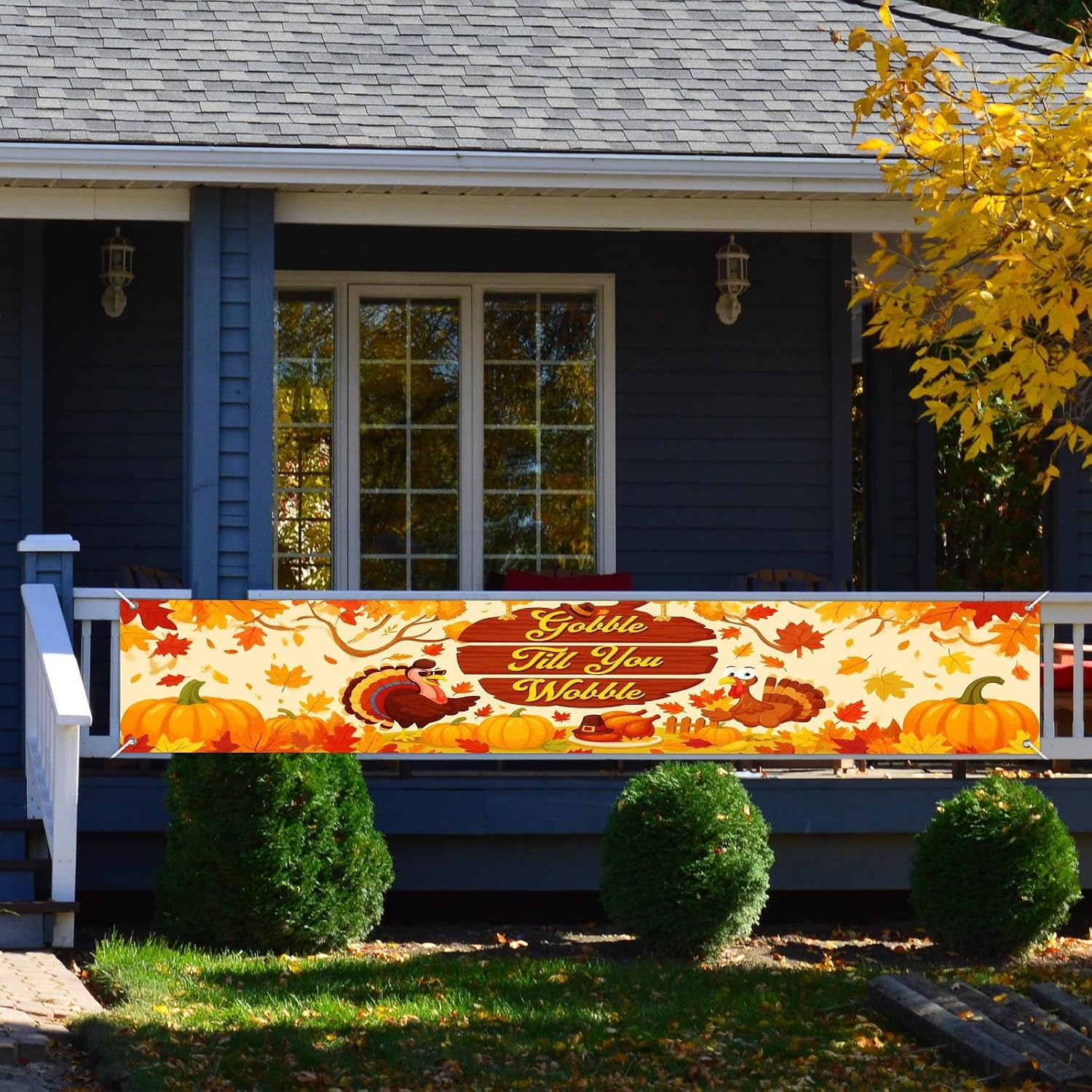 IVN Thanksgiving Banner 118 x 20 Inch Gobble Till You Wobble Turkey
