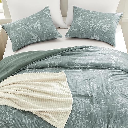 Miniatura 4 de downluxe Juego de edredón tamaño King Juego de edredón de 3 piezas verde oscuro, edredón de flores botánicas tamaño King, 1 edredón floral