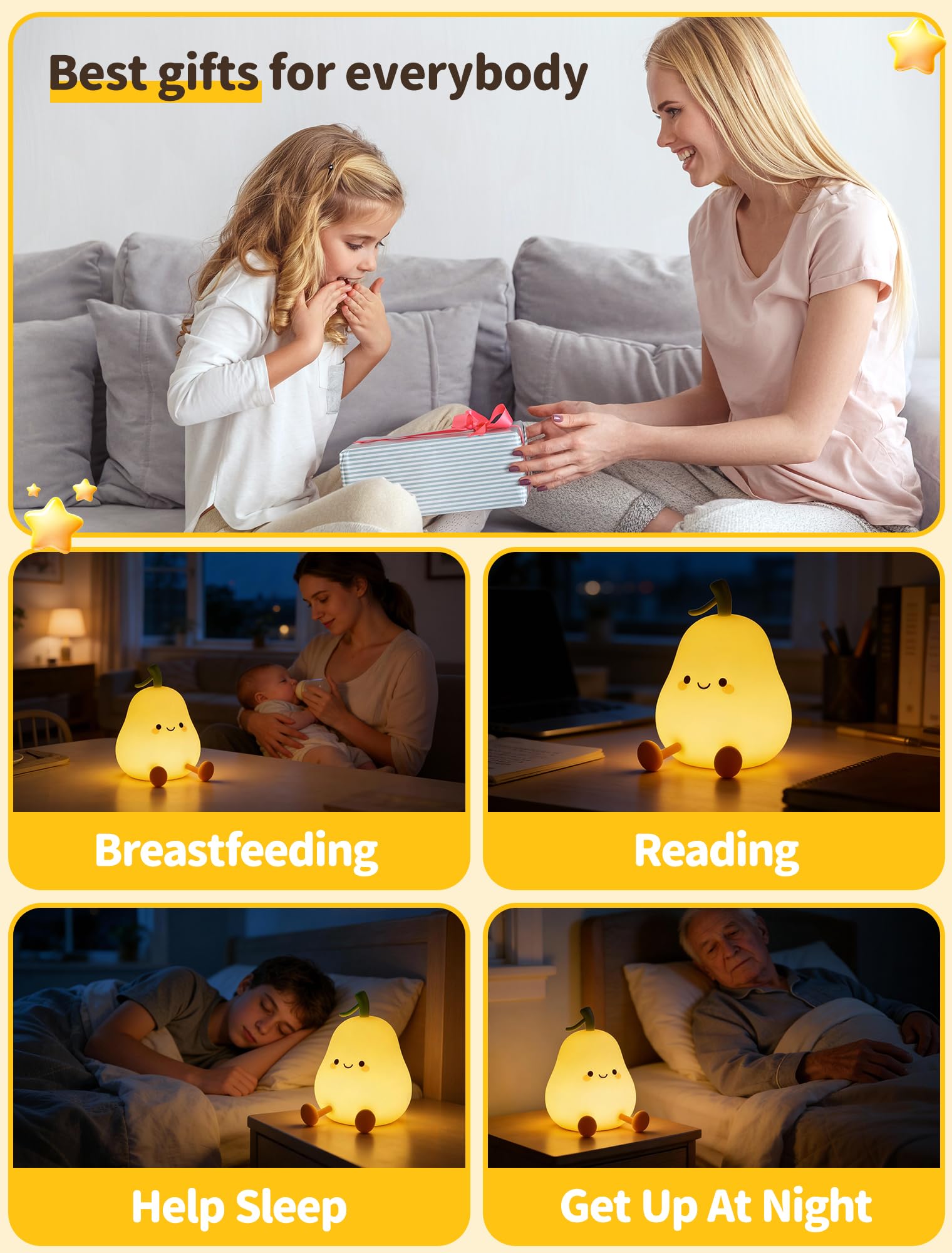 Luz nocturna de pera para niños, luces nocturnas de guardería, lámpara táctil de noche, bonita luz nocturna de silicona para bebé pequeño, 3 niveles regulables, lámparas de noche suaves