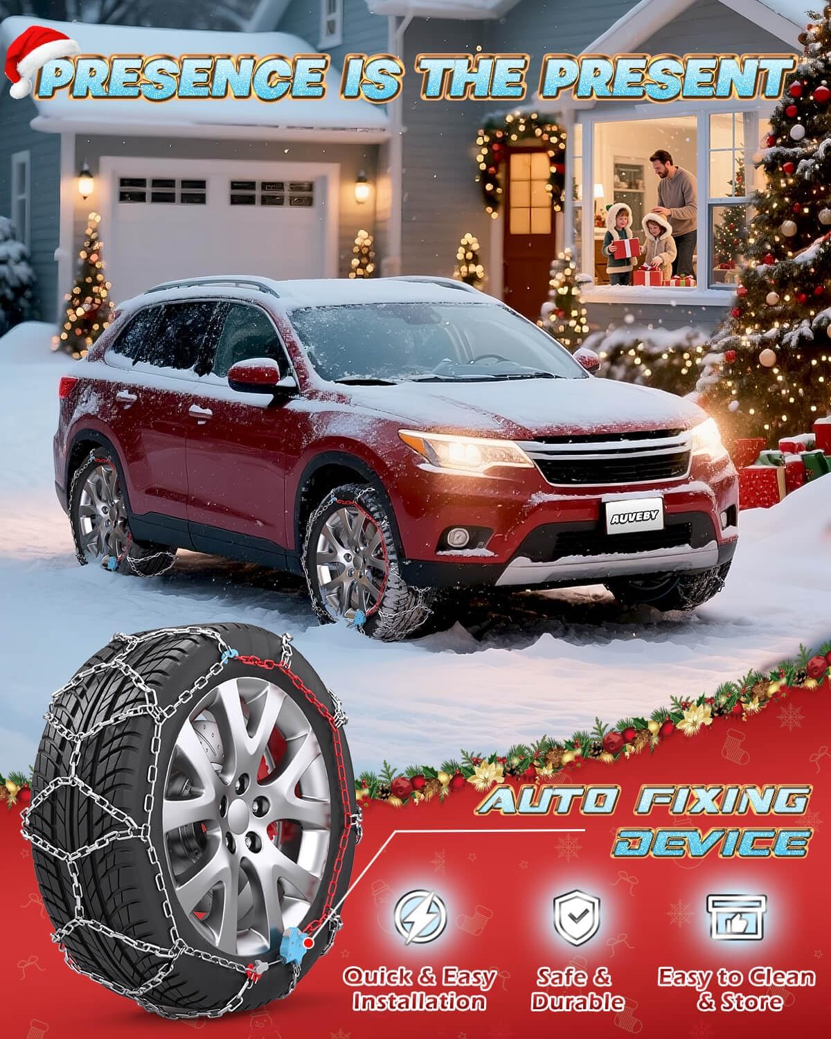 snow-chains auto fixing 1 min quick fit easy installation tire-chains, christmas gifts for safety, universal emergency tire traction chain for passenger car and suv - set of 2 (xm-130)