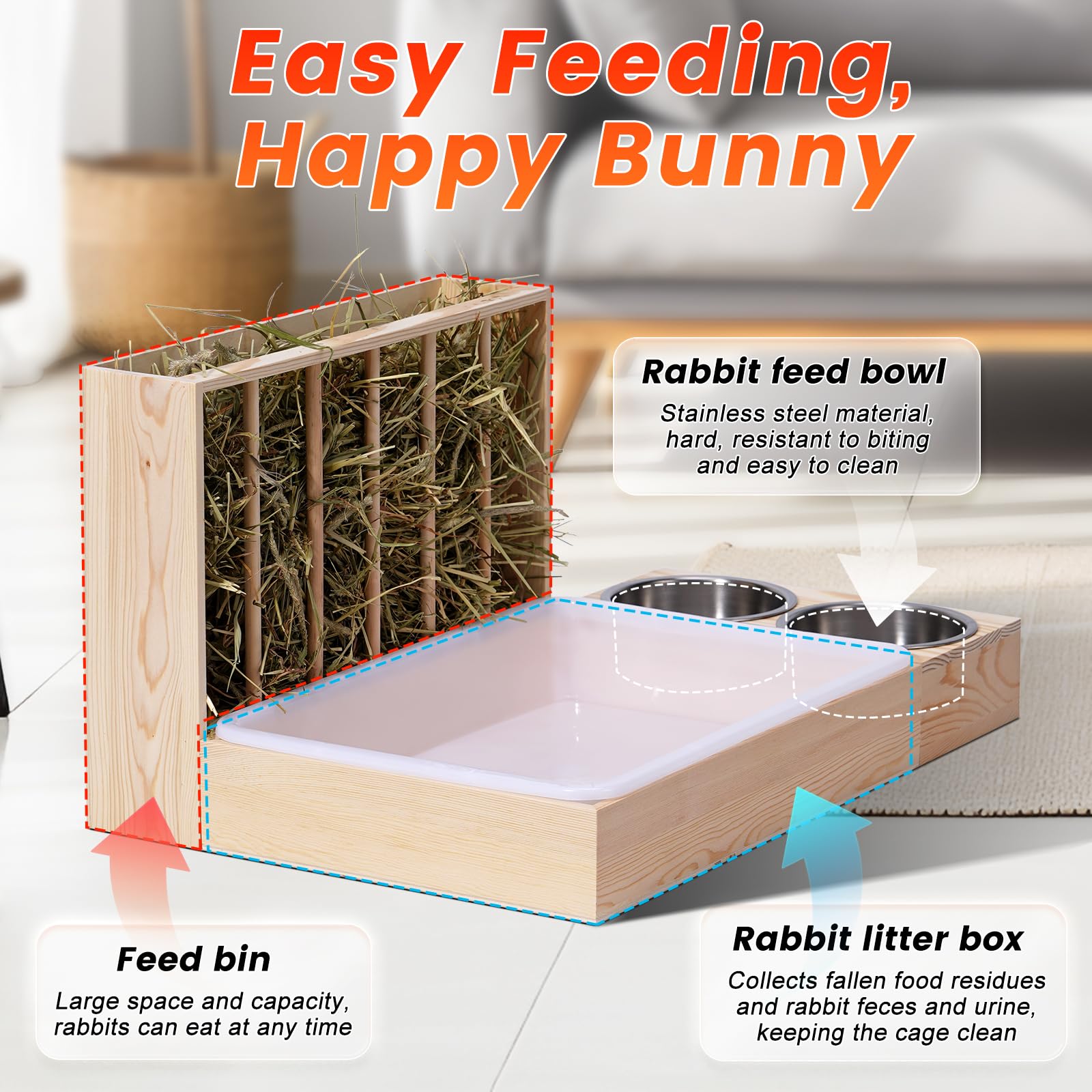 Râtelier à foin 3 en 1 pour lapin, râtelier à foin en bois avec deux bols, distributeur de nourriture pour lapins et cochons d'Inde, chinchillas et autres petits animaux