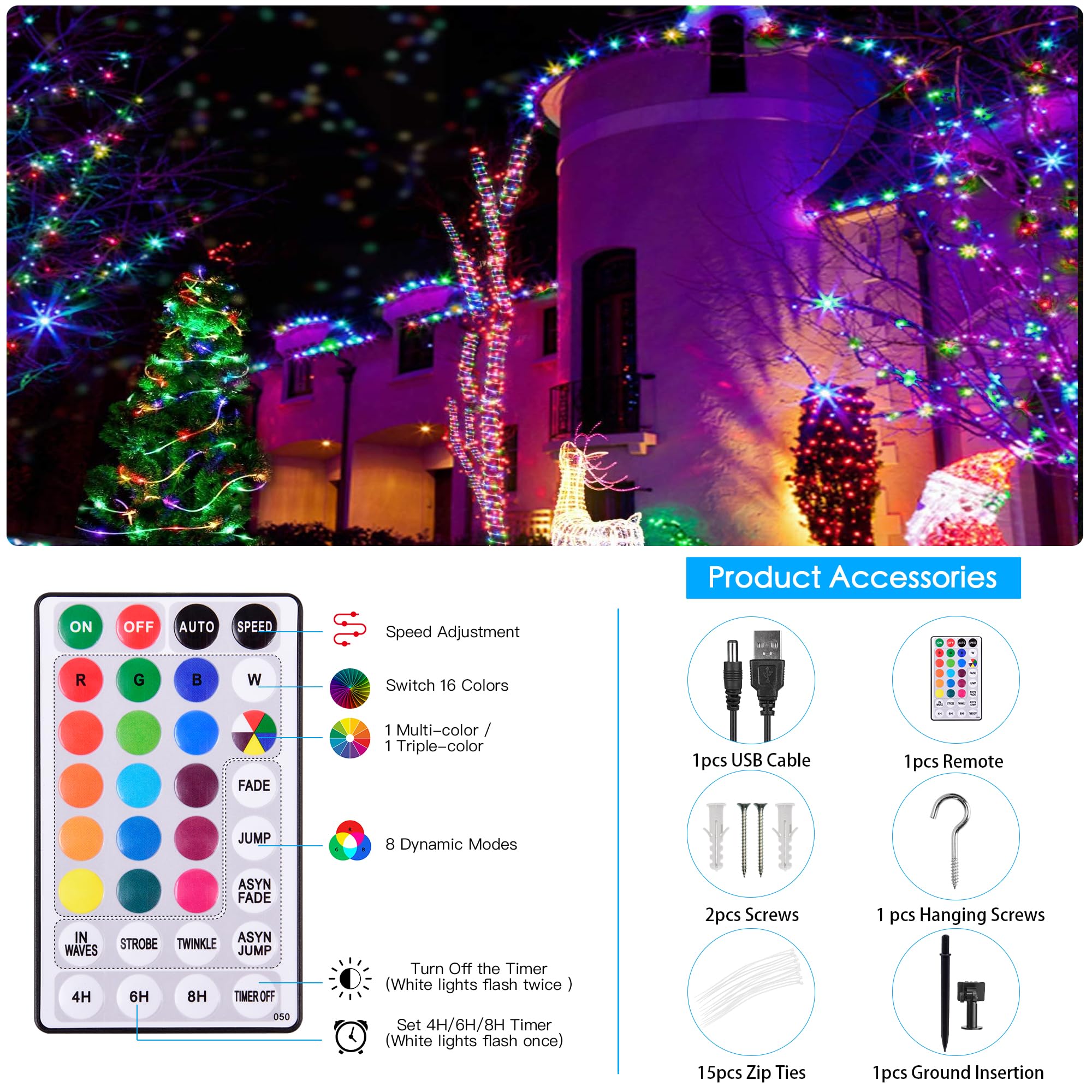 Solar-Lichterkette für den Außenbereich, wasserdicht, 150 LEDs, solarbetrieben und USB mit Fernbedienung, 18 Farben wechselnde Trampolin-Beleuchtung für den Außenbereich, Garten, Terrasse