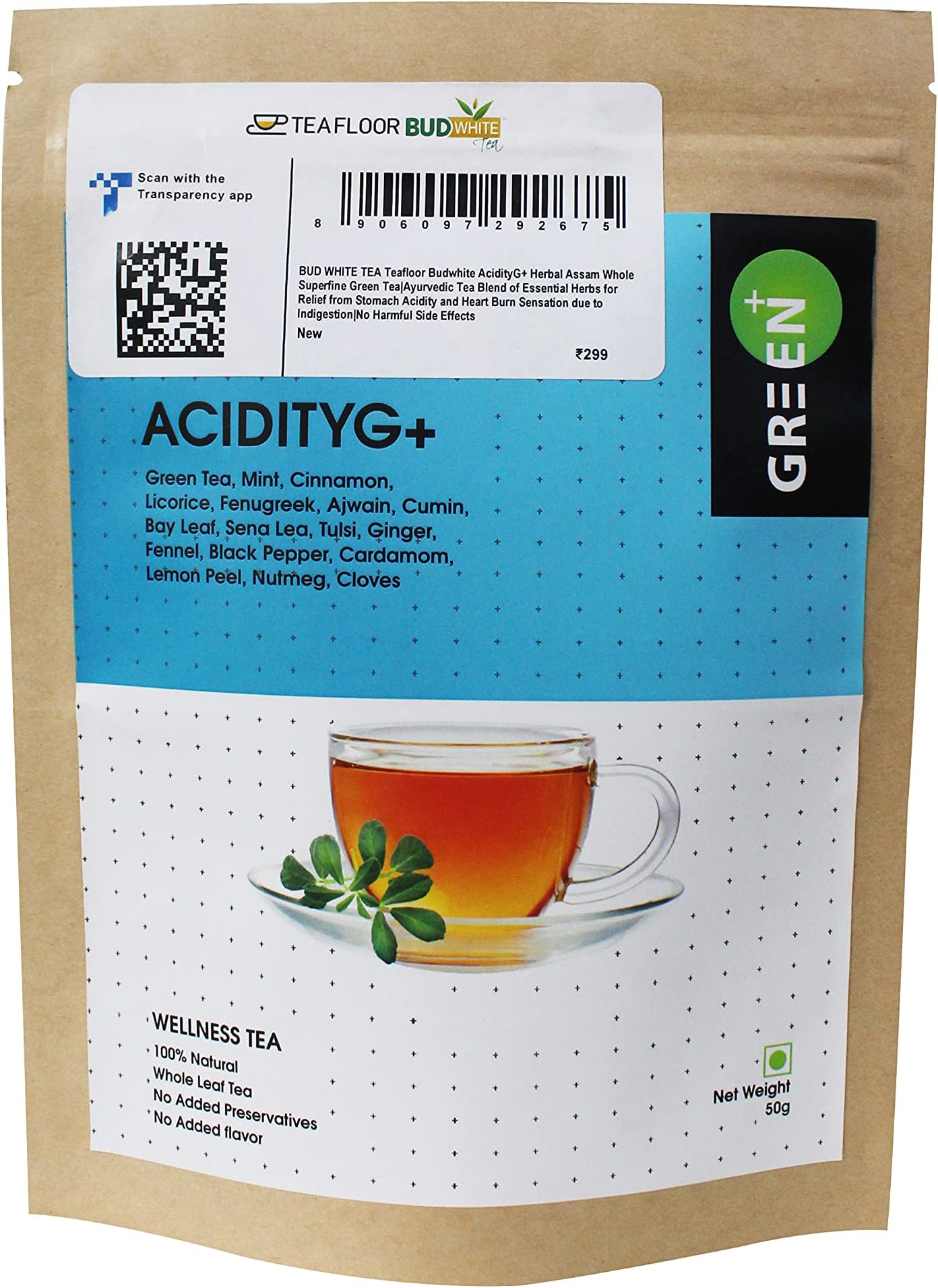 Teafloor Acidity Tea Relieves from Stomach Acidity Problems |Superfine Green Tea with Ajwain ,Tulsi ,Ginger , Senna ,Cloves |No Harmful Side Effects|FSSAI Certified (50g , Pack of 1)|