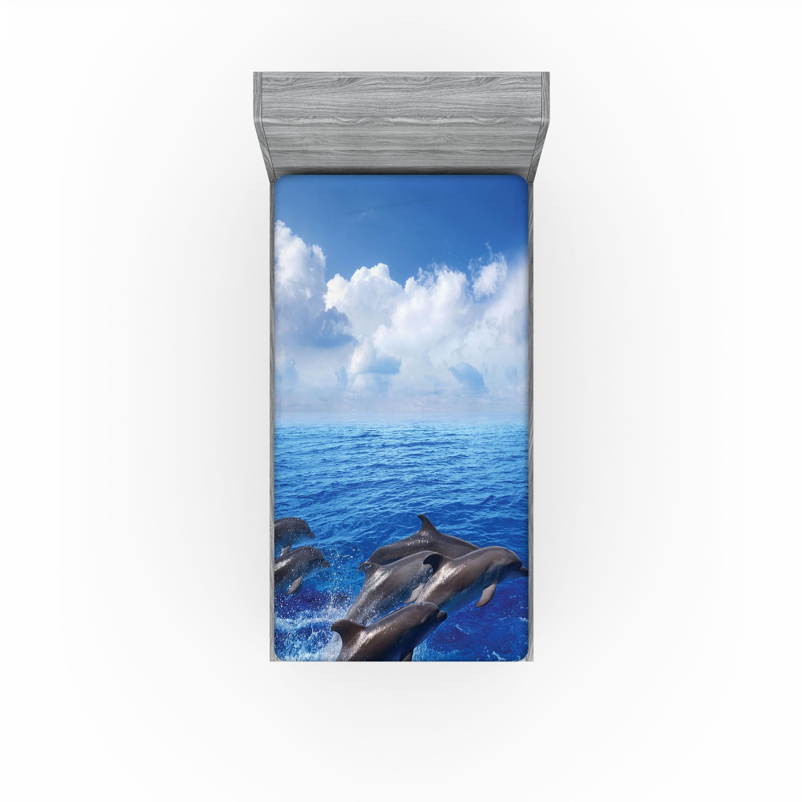 Ambesonne Ocean 2 Pack Fitted Sheet, Jumping Dolphins in Sky, Bed Cover All-Round Elastic Deep Pockets 2 Pieces, Package Contains 2 Twin Size Fitted Sheets, Azure Blue