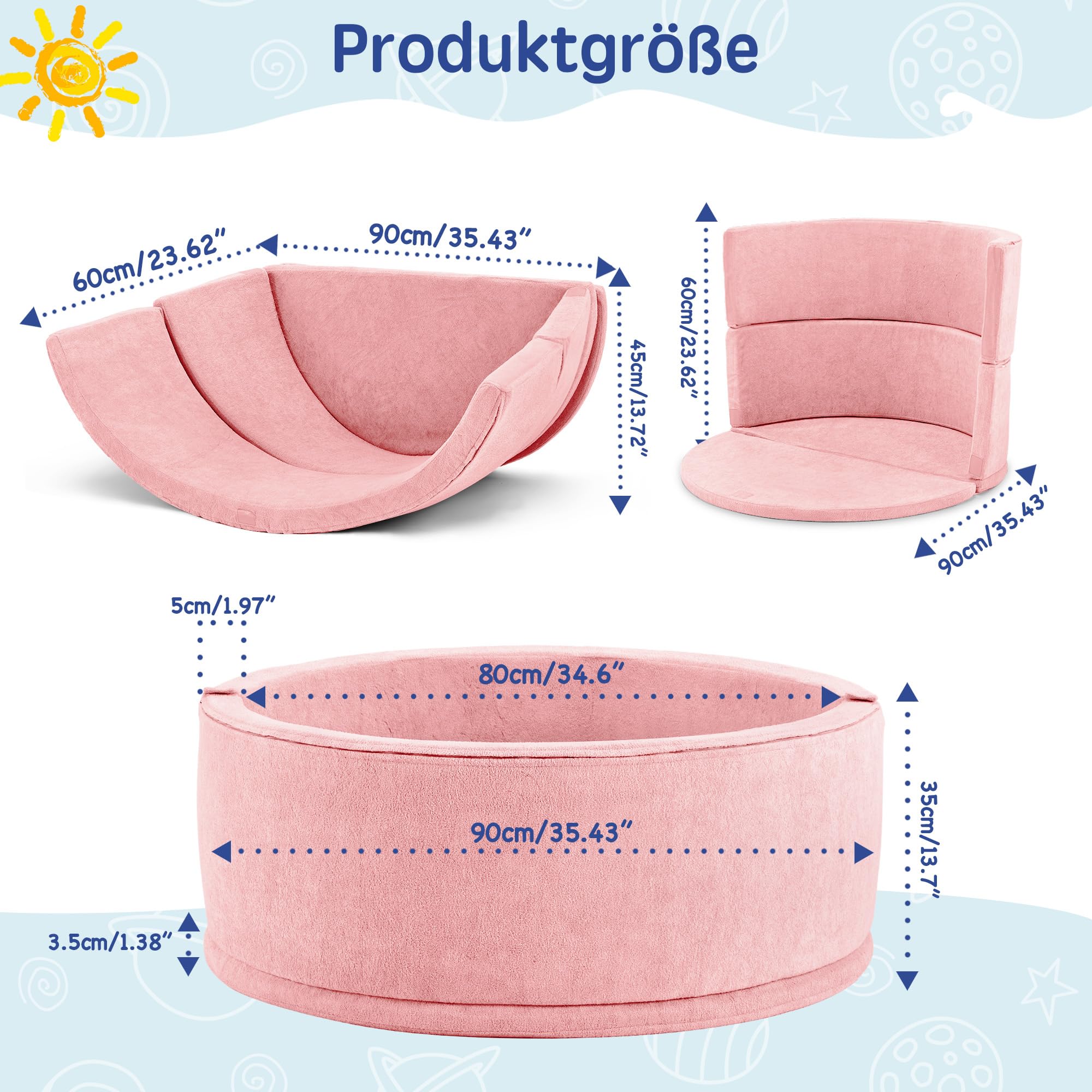 Bällebad ohne Bälle für Baby ab 1 Jahr, 7-in-1 Multifunktionales Schaumstoff Bällepool Ballgruben Kinder, Rosa