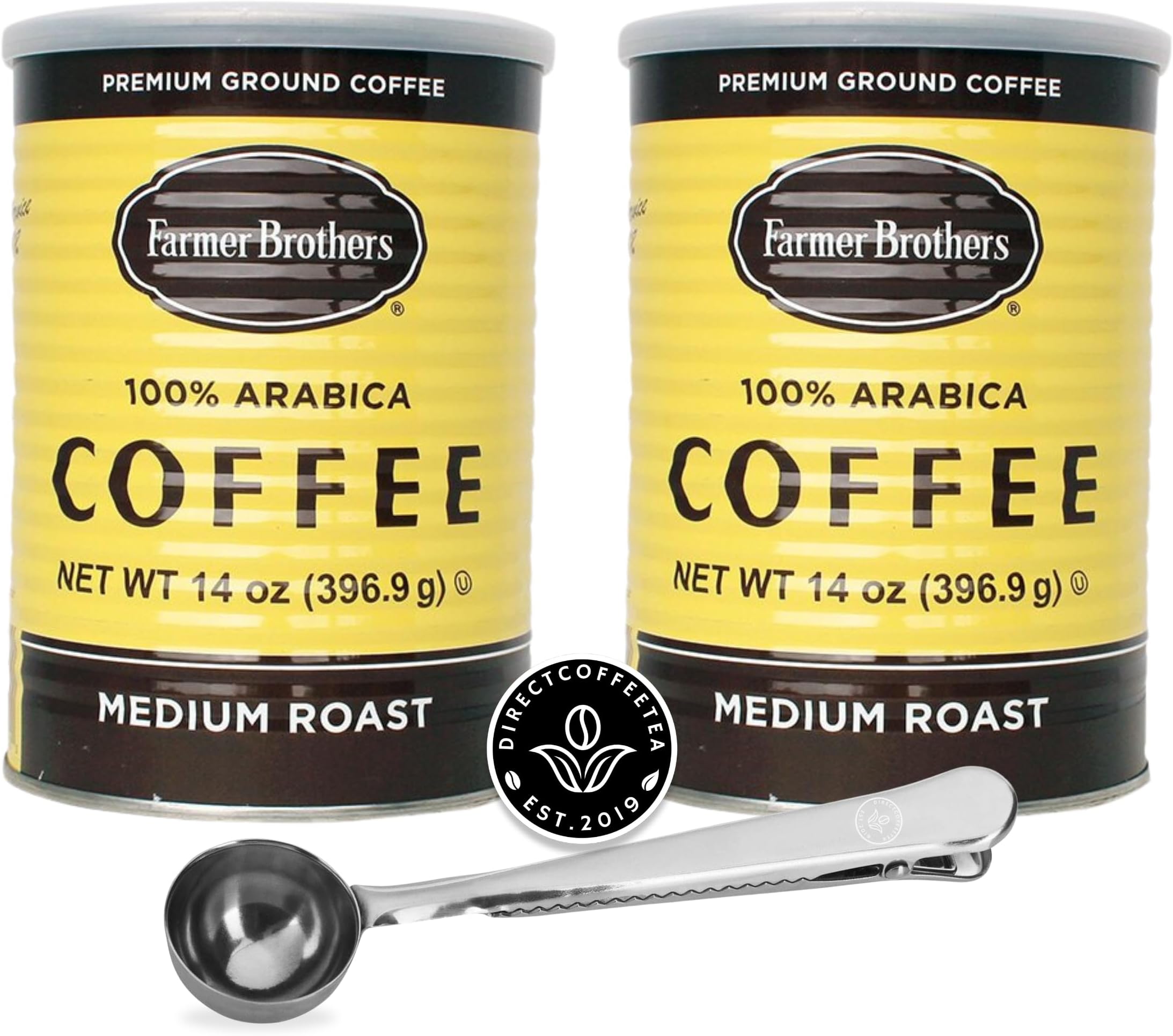 Farmer Bros 100% Arabica Ground Coffee (2-Pack) – Medium Roast with Nutty & Chocolatey Notes – Includes Direct Coffee Tea Est 2019 Barista Spoon with Clip