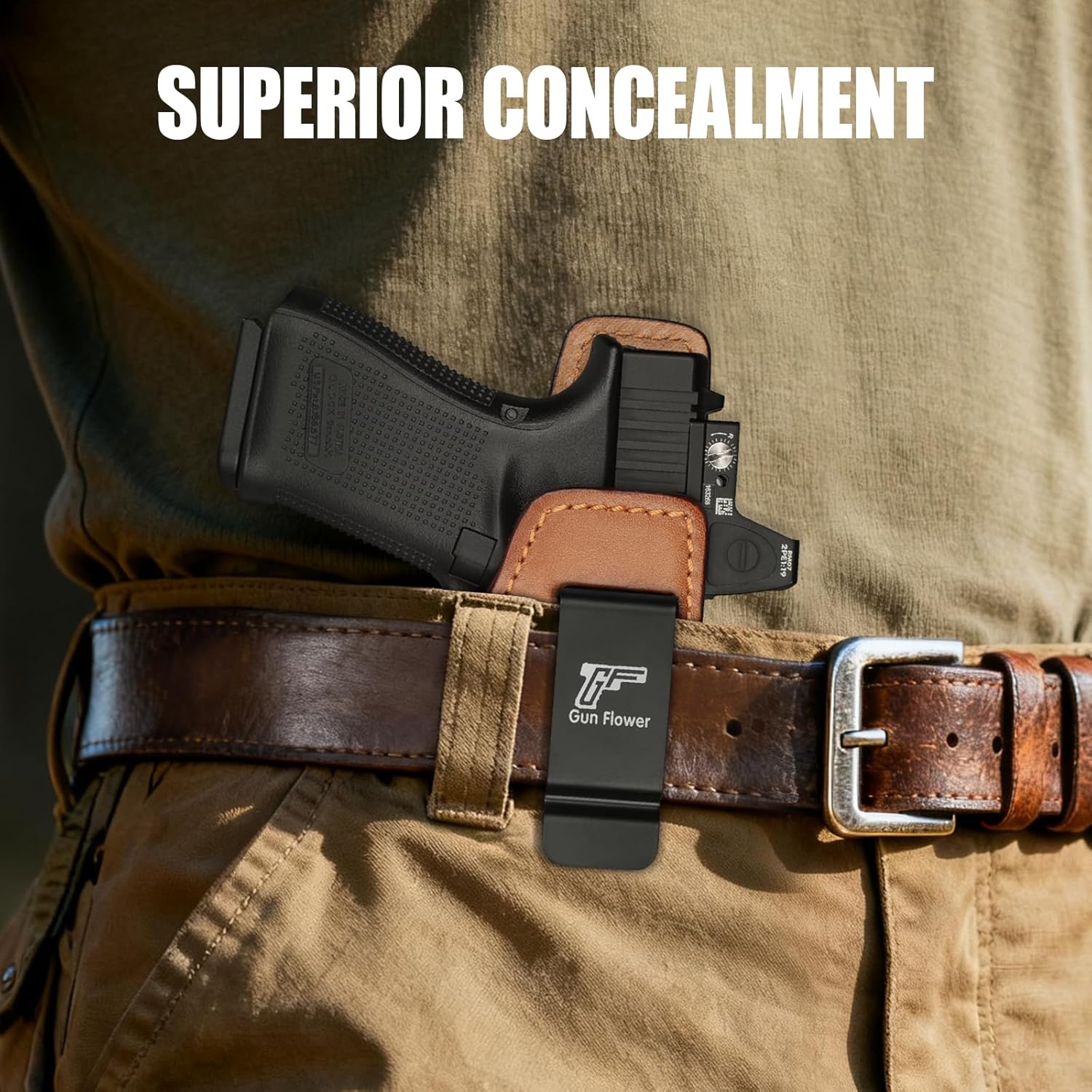 GUN & FLOWER IWB Leather Holster Fit: Glock 19 19X 23 32 44 45 (Gen 1 2 3 4 5 6)/ MOS & Ruger RXM & PSA Dagger Compact - Optic Ready Available, Inside Waistband Carry, Fit 1.5"-1.75" Belts, Right Hand