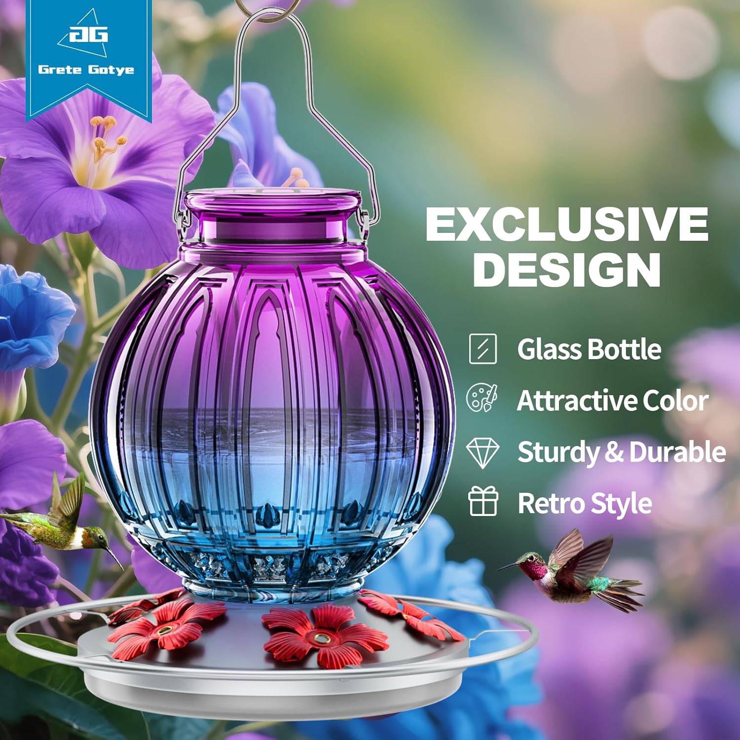 Glass Hummingbird Feeder for Outdoors Hanging, 26Oz Bird Nectar Feeder with Perch & 5 Flower Feeding Ports, Leak Proof for Outside Garden Decor Backyard, Gifts for Women Mom, Purple Blue - Image 2